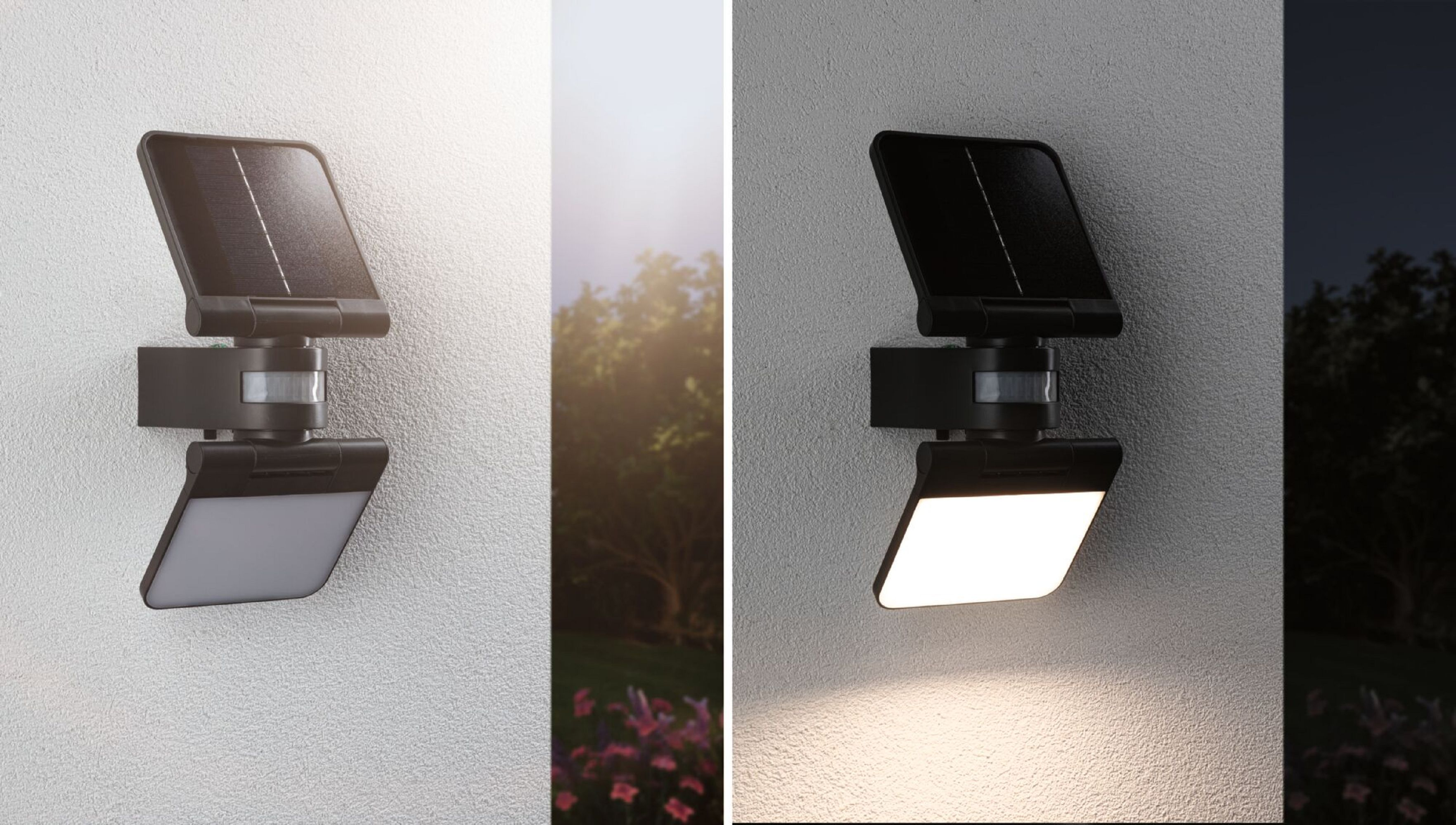 Oświetlenie zasilane energią słoneczną na ścianie, w ustawieniach dziennych i nocnych.