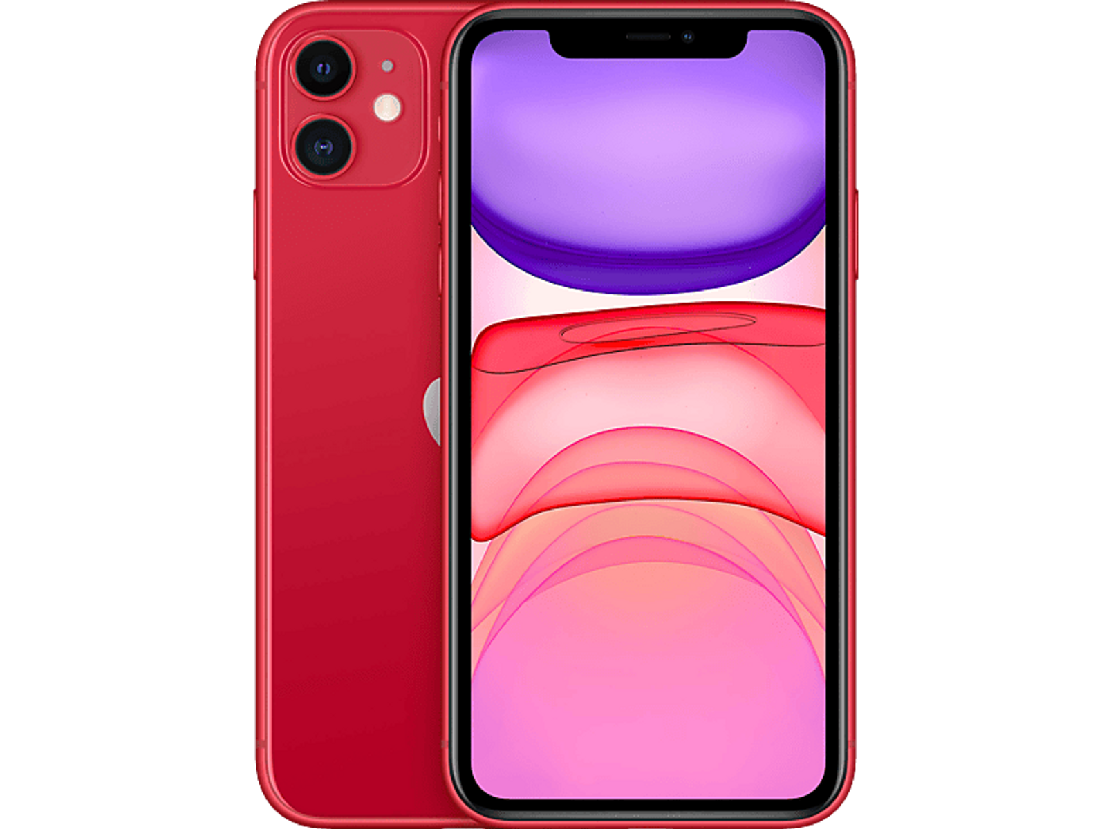 Czerwony iPhone 11 z czarnym ekranem, czerwonym aparatem. Czarne tło.