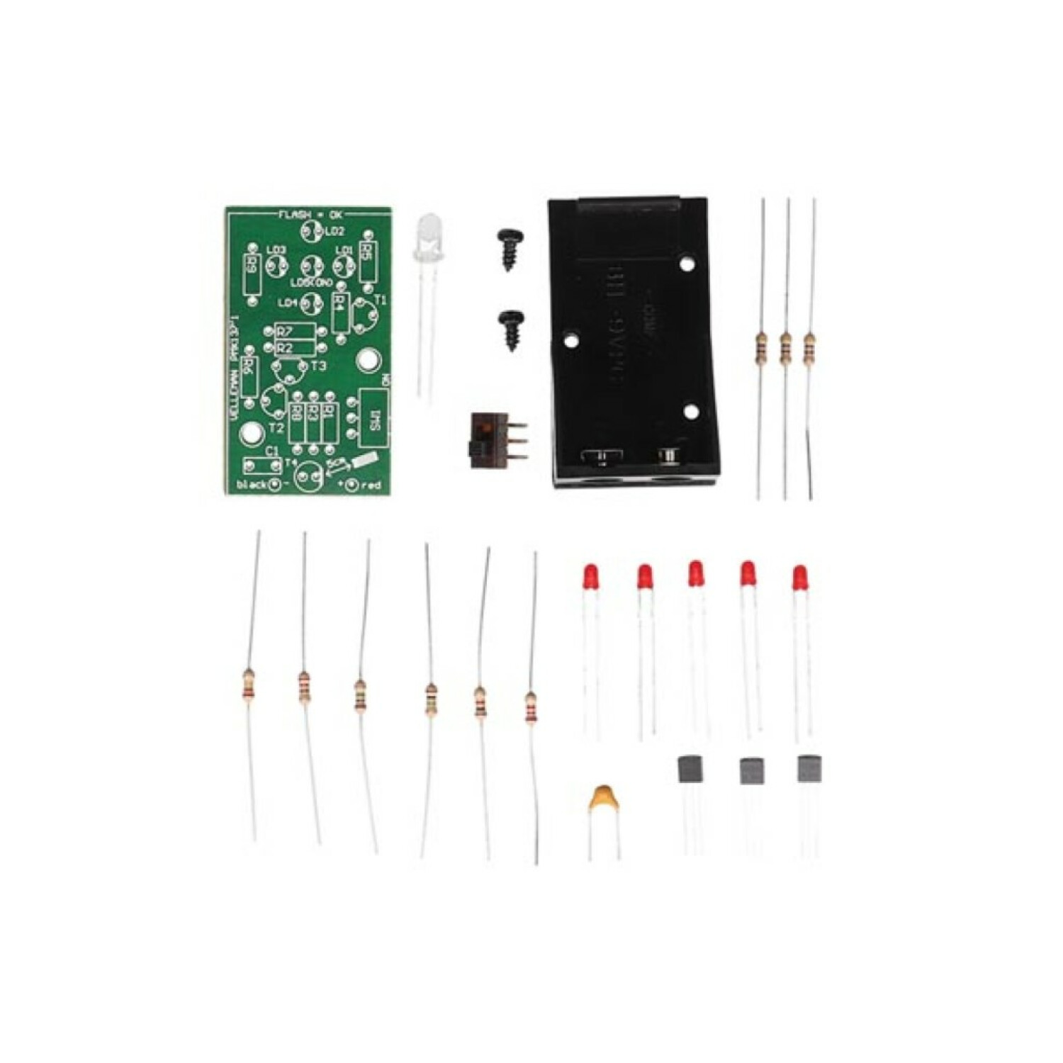 Verschiedene elektronische Bauteile auf weißer Oberfläche. Die Bauteile sind klein und detailliert.