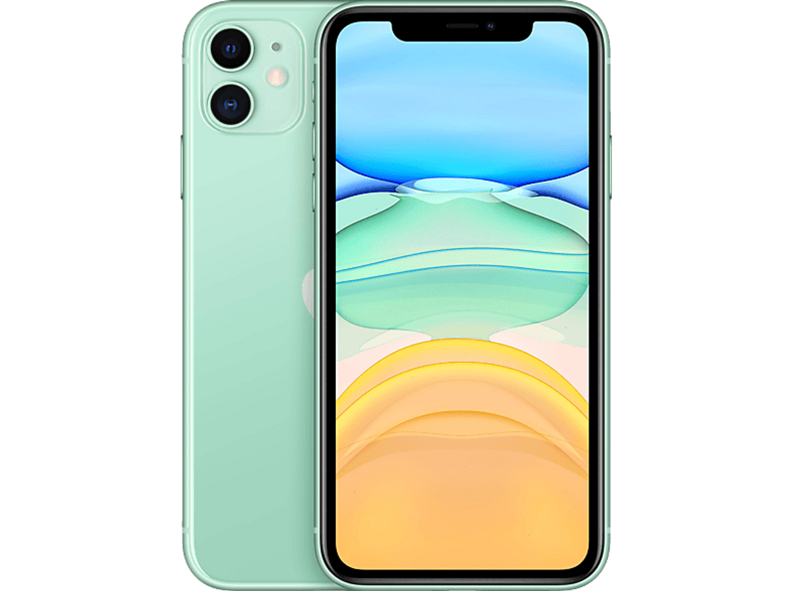 iPhone 11 w kolorze miętowej zieleni, z przodu i z tyłu, na czarnym tle. Wyświetla kamery i ekran.