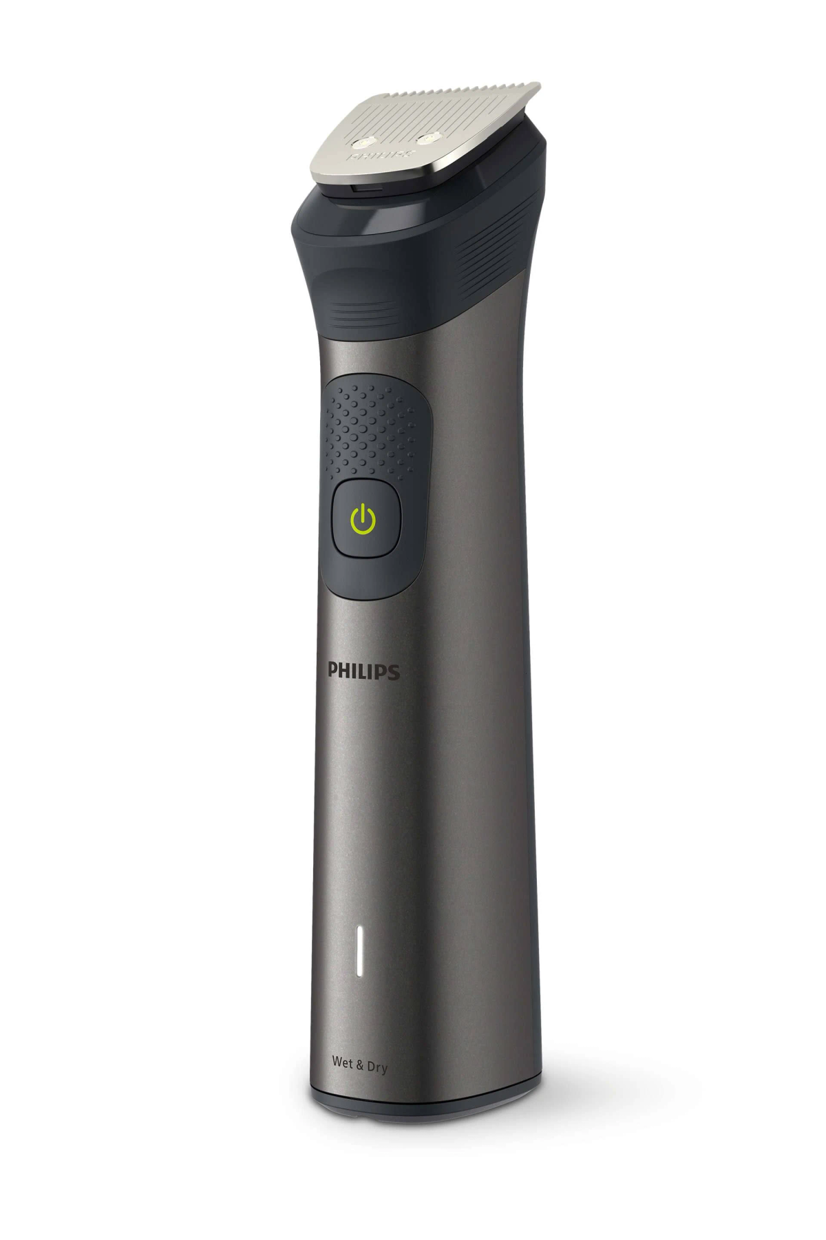 Una recortadora Philips gris oscuro con un botón de encendido. Está sobre un fondo blanco.