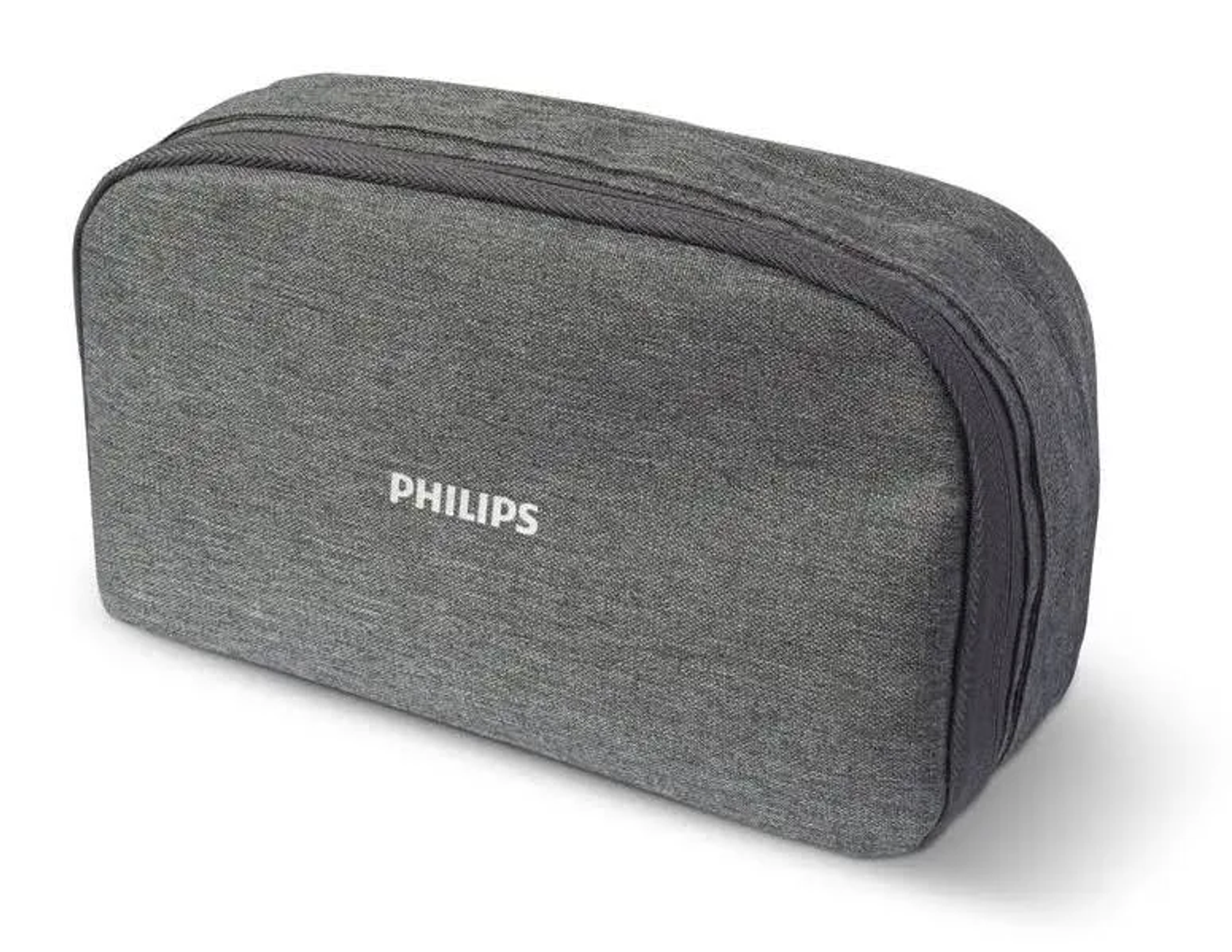 Una bolsa de viaje Philips gris con el logotipo Philips en letras blancas, cremallera.