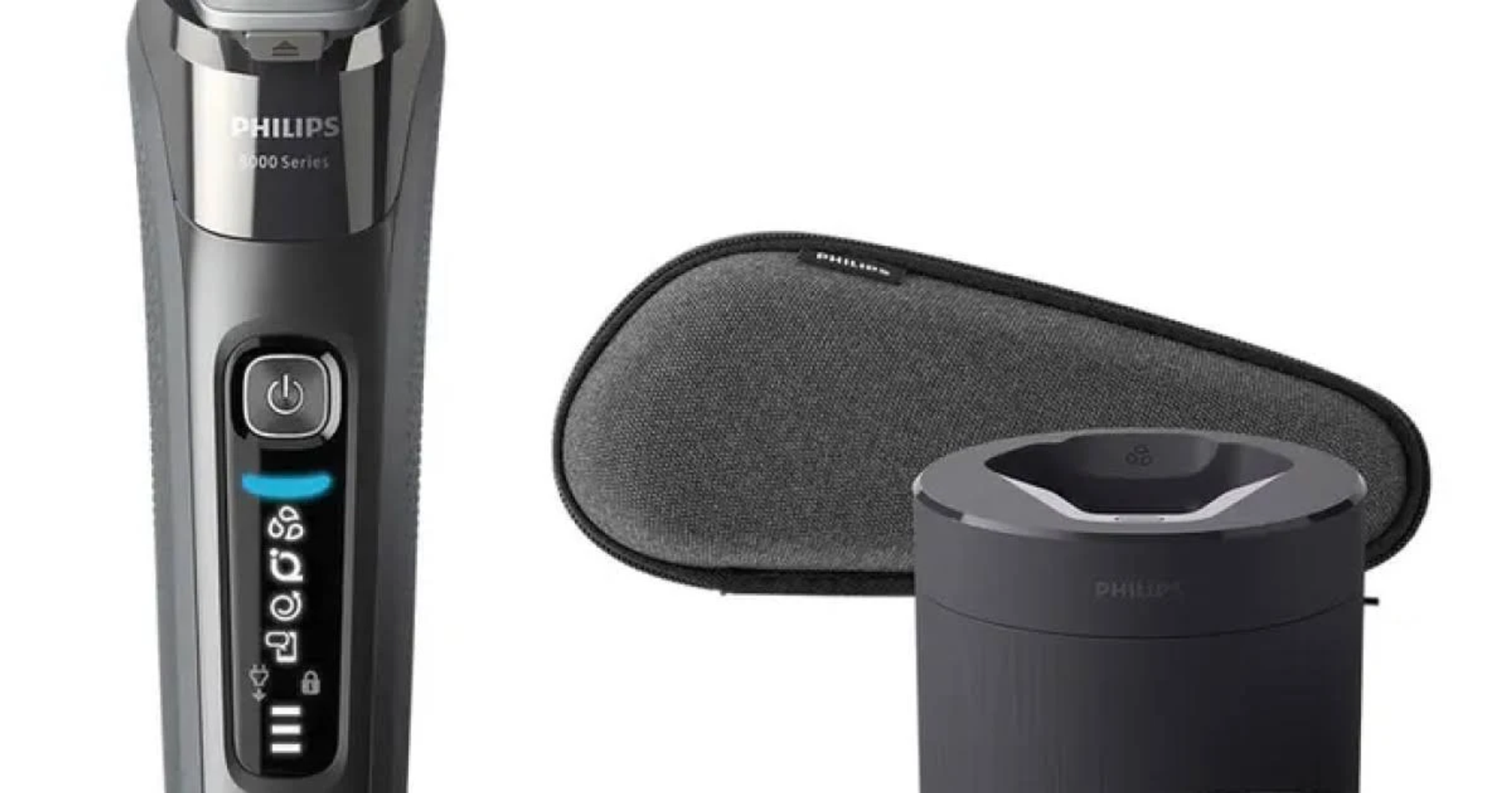 Una afeitadora eléctrica Philips, base de carga y estuche de viaje, todo en gris oscuro.