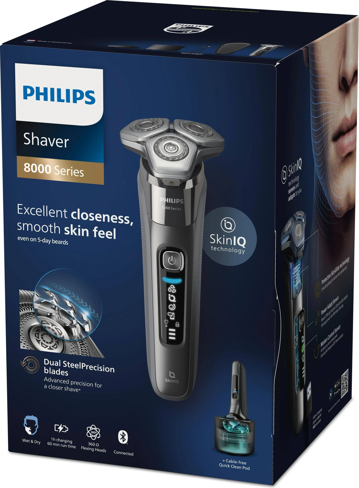 Caja de afeitadora Philips. Muestra la afeitadora, características y un primer plano de la cara de un hombre y la afeitadora.