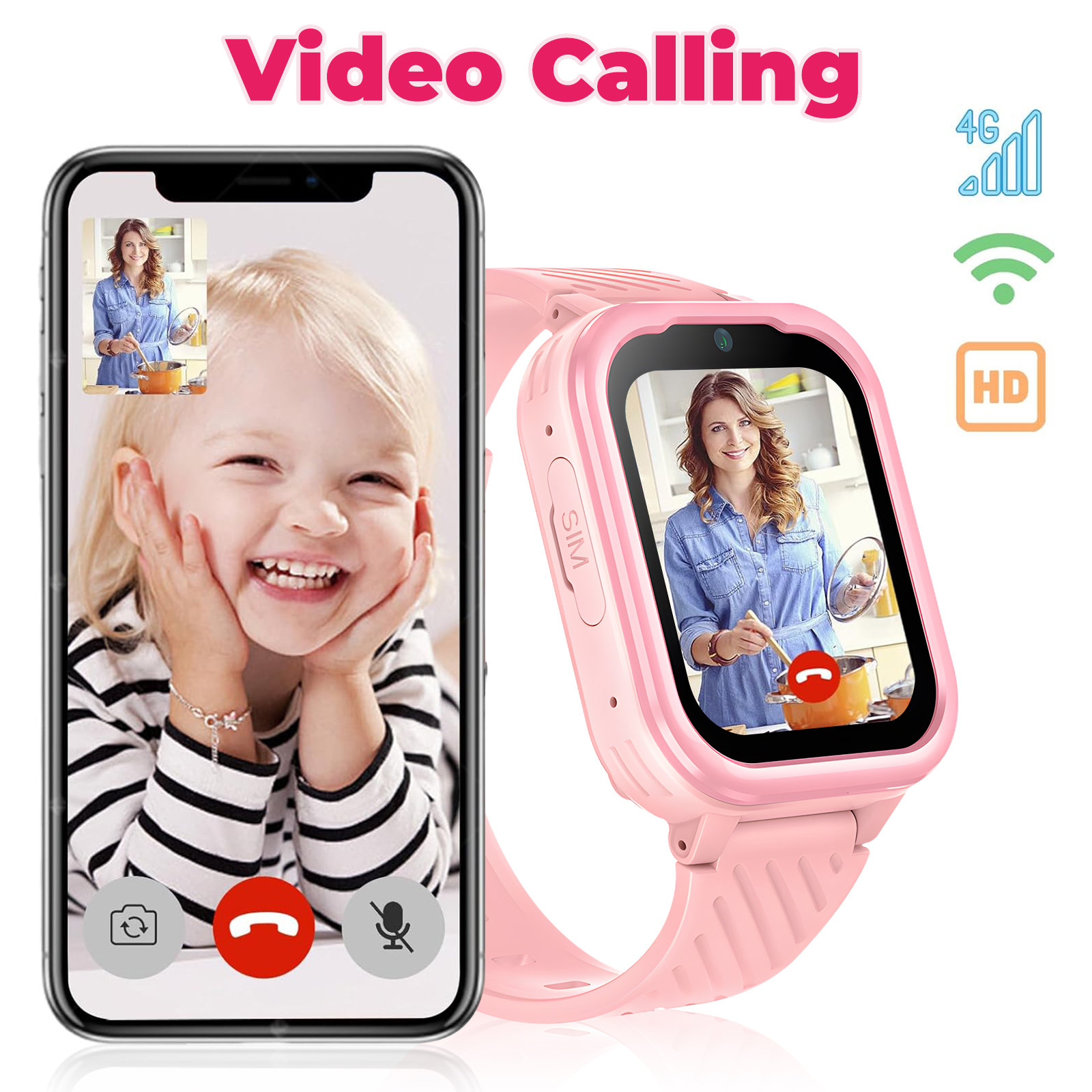 Eine pinke Smartwatch mit Videoanruf auf dem Bildschirm, neben einem Smartphone mit demselben Video.
