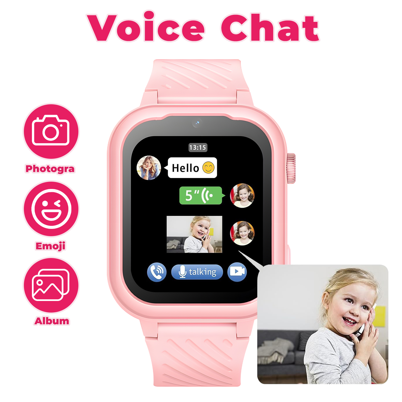 Rosafarbene Smartwatch mit Symbolen und Mädchen auf dem Bildschirm. Text überlagert "Voice Chat".
