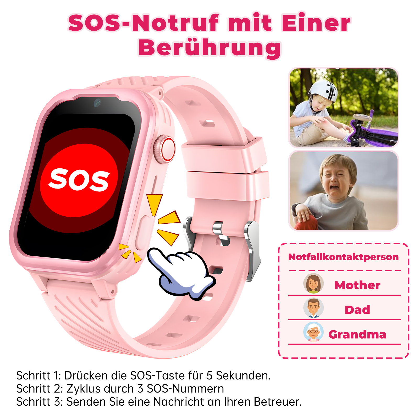 Rosa Smartwatch mit SOS-Taste und Bildern von Kindern.