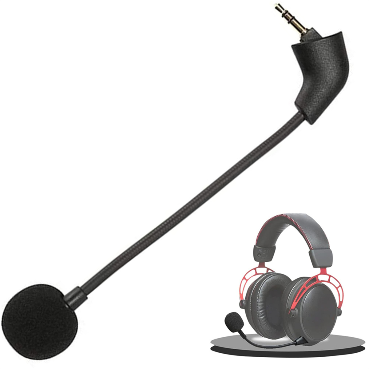 Schwarzes Mikrofon mit Headset-Anschluss, Headset-Umriss im Hintergrund.