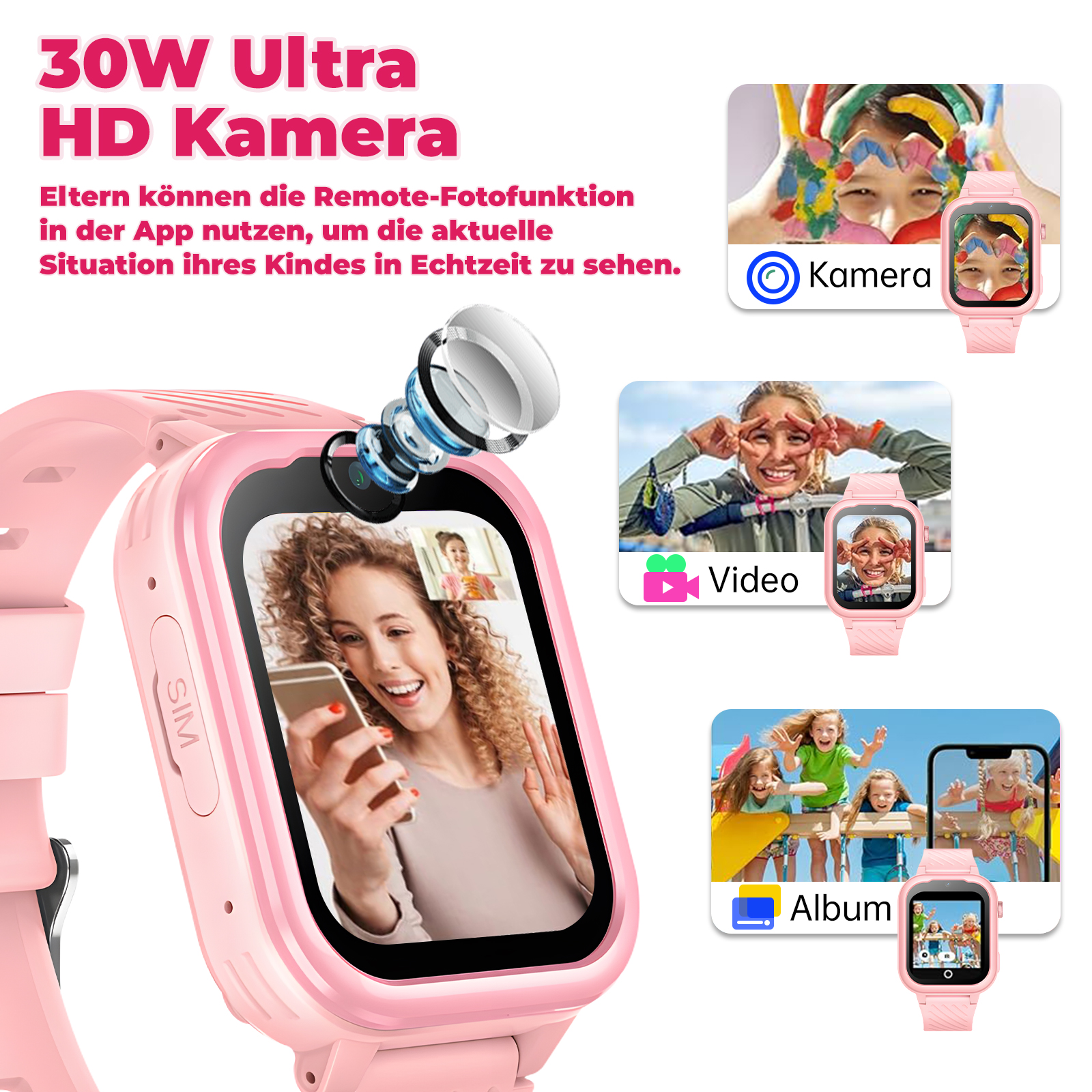 Pinke Smartwatch mit Kamera- und Videofunktionen, die ein Kind bei der Nutzung zeigt, mit zusätzlichen Bildschirmaufnahmen.