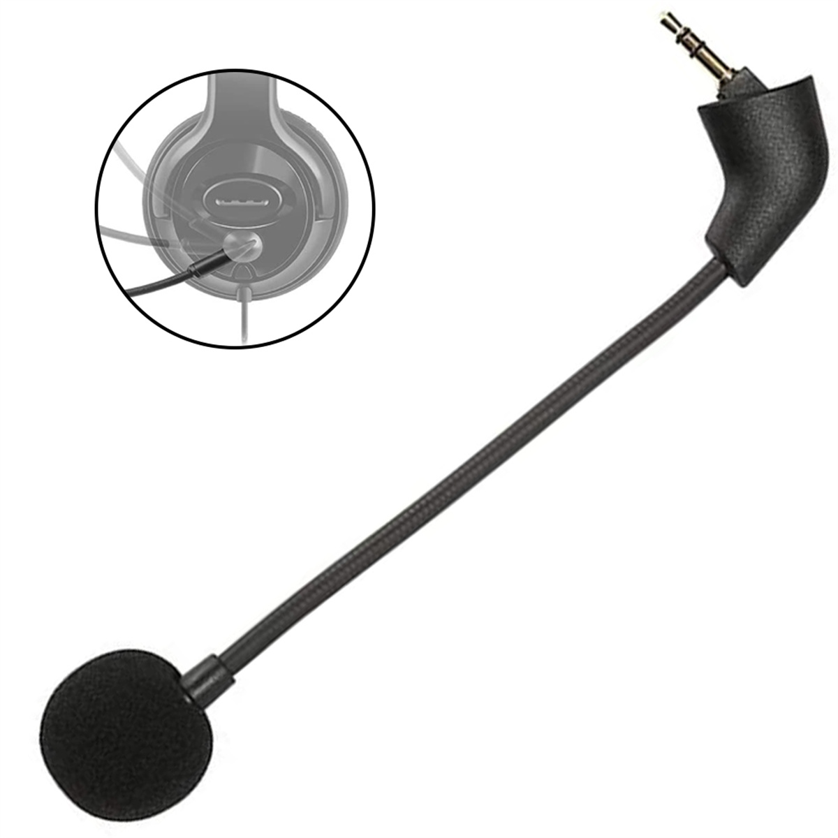 Ein Mikrofon mit Schaumstoffabdeckung und 3,5-mm-Klinke, an einem flexiblen Arm befestigt.