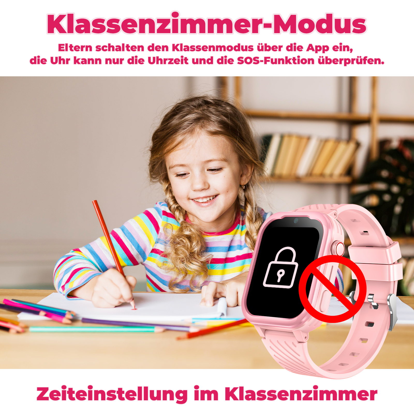 Ein Mädchen schreibt in ein Notizbuch mit einer rosa Smartwatch am Handgelenk. Ein roter Kreis mit Schloss.