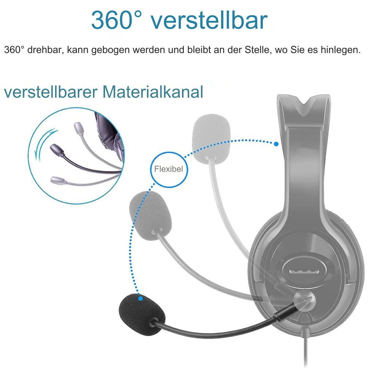 Kopfhörer mit flexiblem Mikrofonarm. Der Arm ist flexibel und ein Diagramm zeigt die Verstellbarkeit.