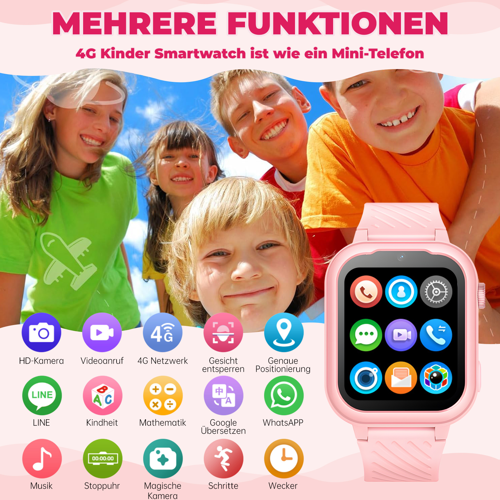 Rosa Smartwatch mit Symbolen, Text und mehreren lächelnden Kindern im Hintergrund.