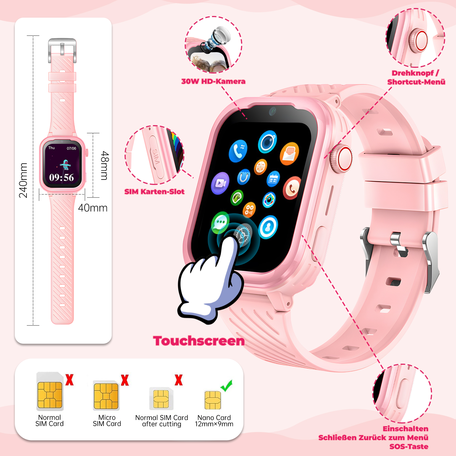 Rosa Smartwatch mit Touchscreen, SIM-Kartensteckplatz und 30W HD-Kamera.