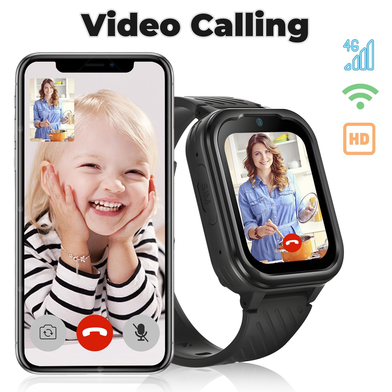 Eine Smartwatch zeigt eine Videoanruf-Oberfläche. Eine Frau und ein Kind sind auf dem Bildschirm.