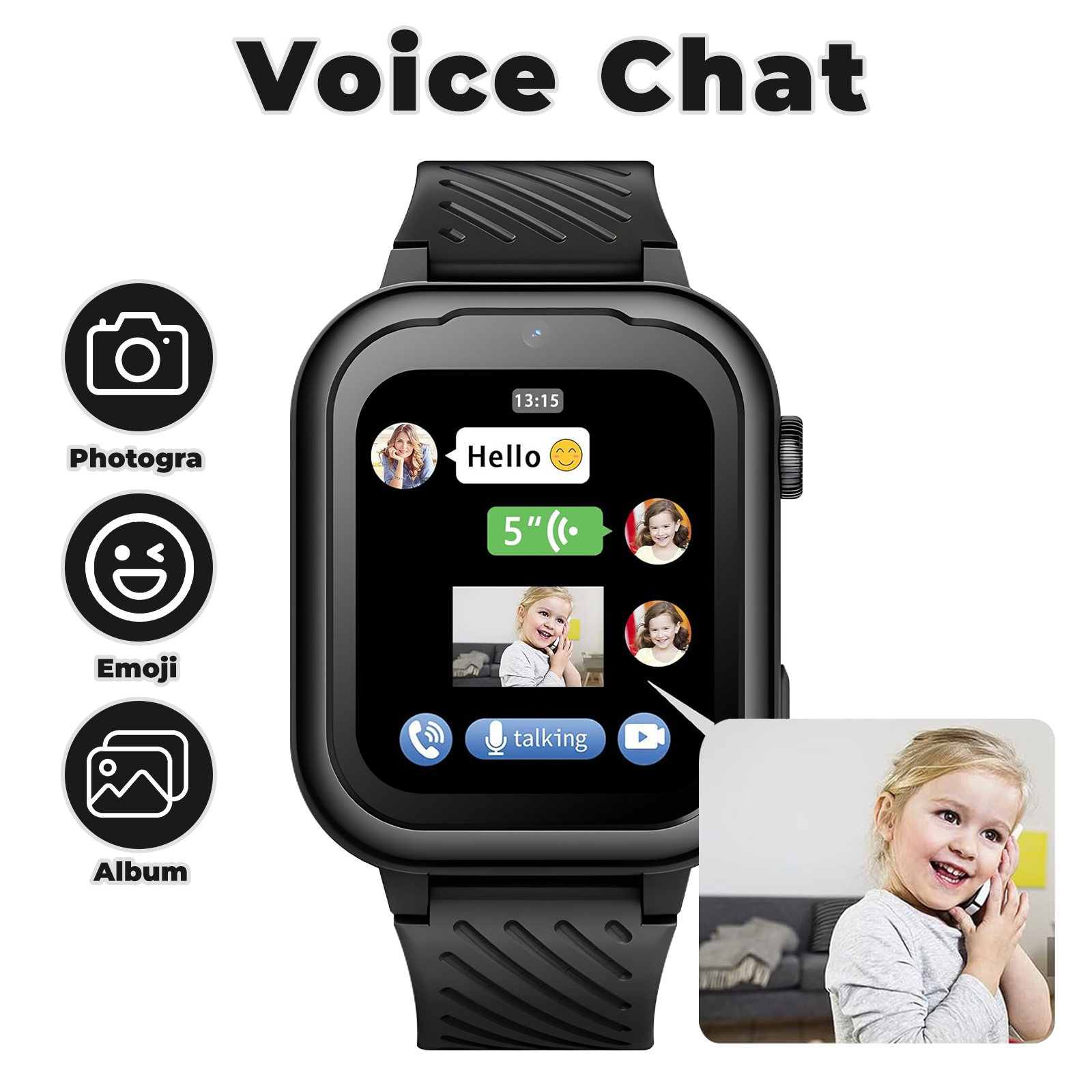 Eine Smartwatch mit Voice-Chat, mit Kindergesicht und Symbolen für Kamera, Emoji und Album.
