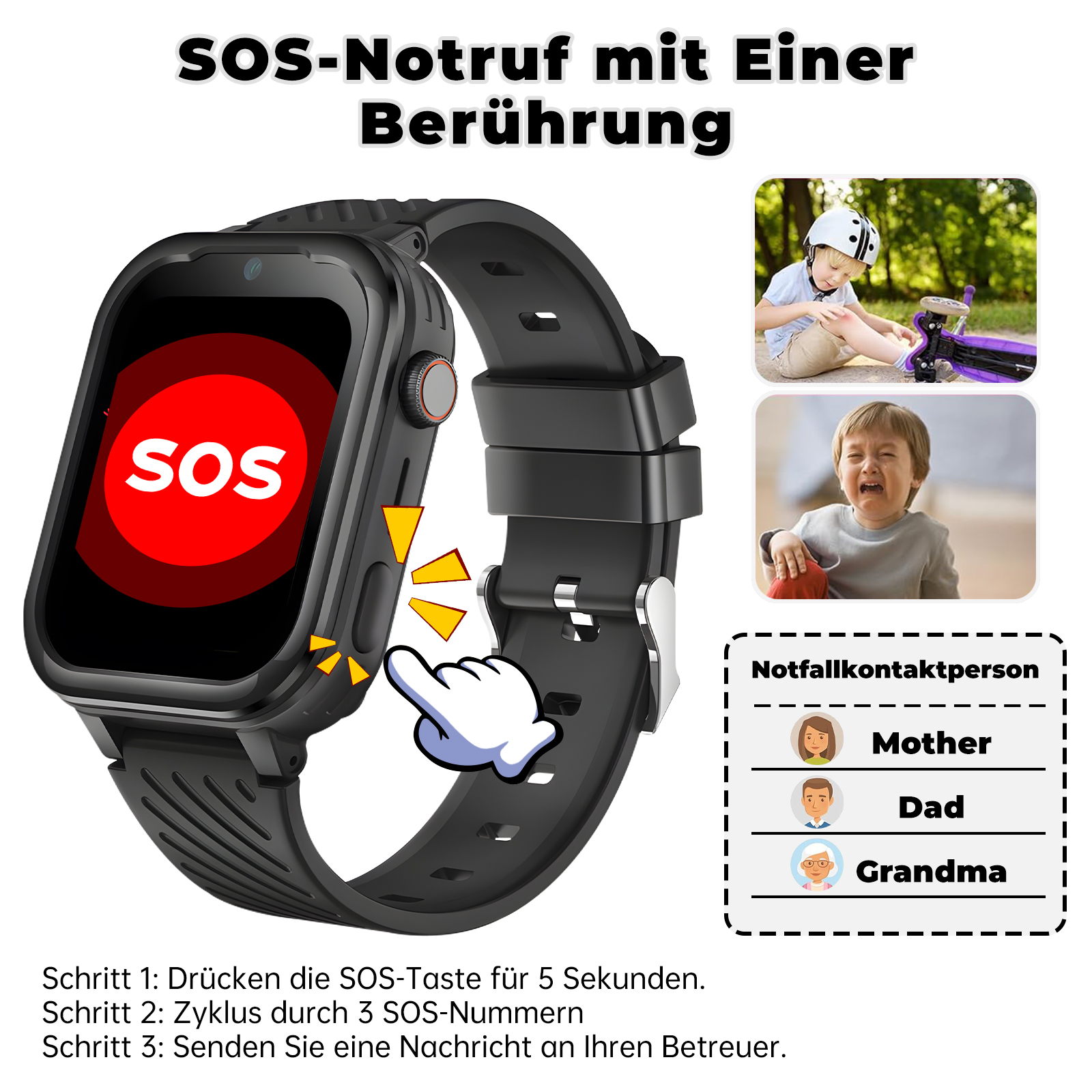 Smartwatch mit SOS-Kontakten und Bildern, Textanweisungen links.