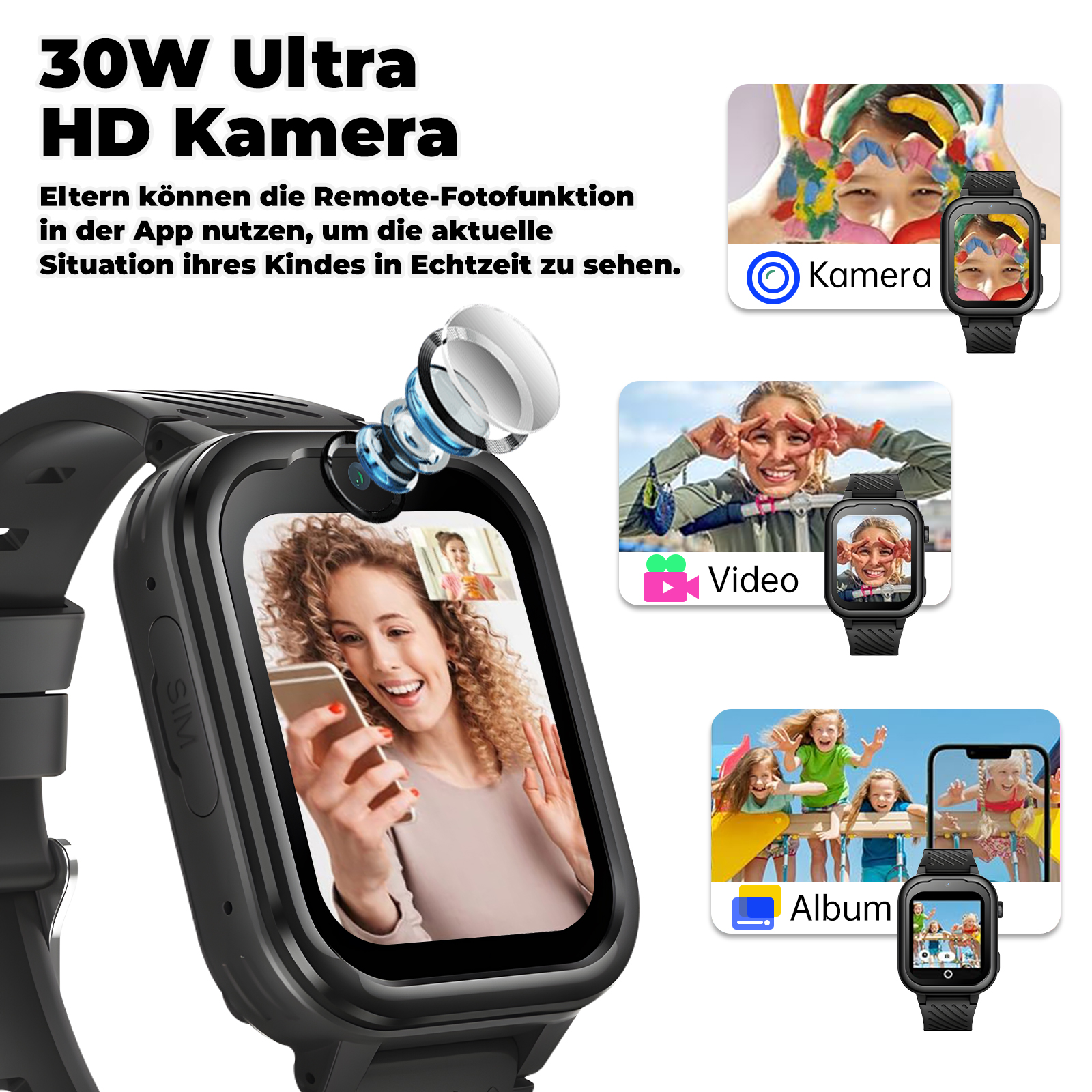 Eine Smartwatch mit Live-Videoanrufanzeige und Gesundheitsüberwachungsfunktionen. Verschiedene Symbole werden angezeigt. Weißer Hintergrund.