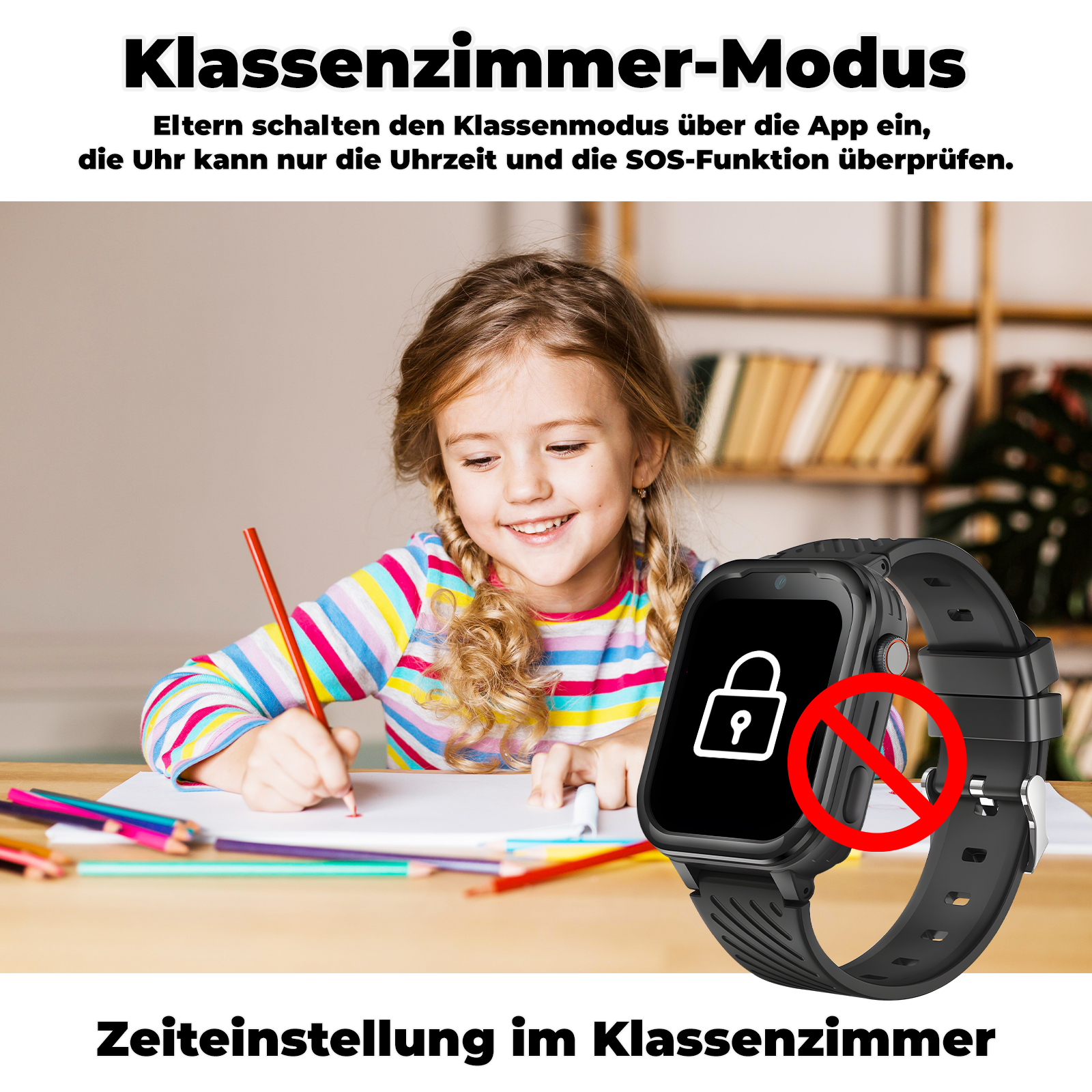 Ein Mädchen zeichnet vor einer Smartwatch mit Schloss und rotem Verbotszeichen.