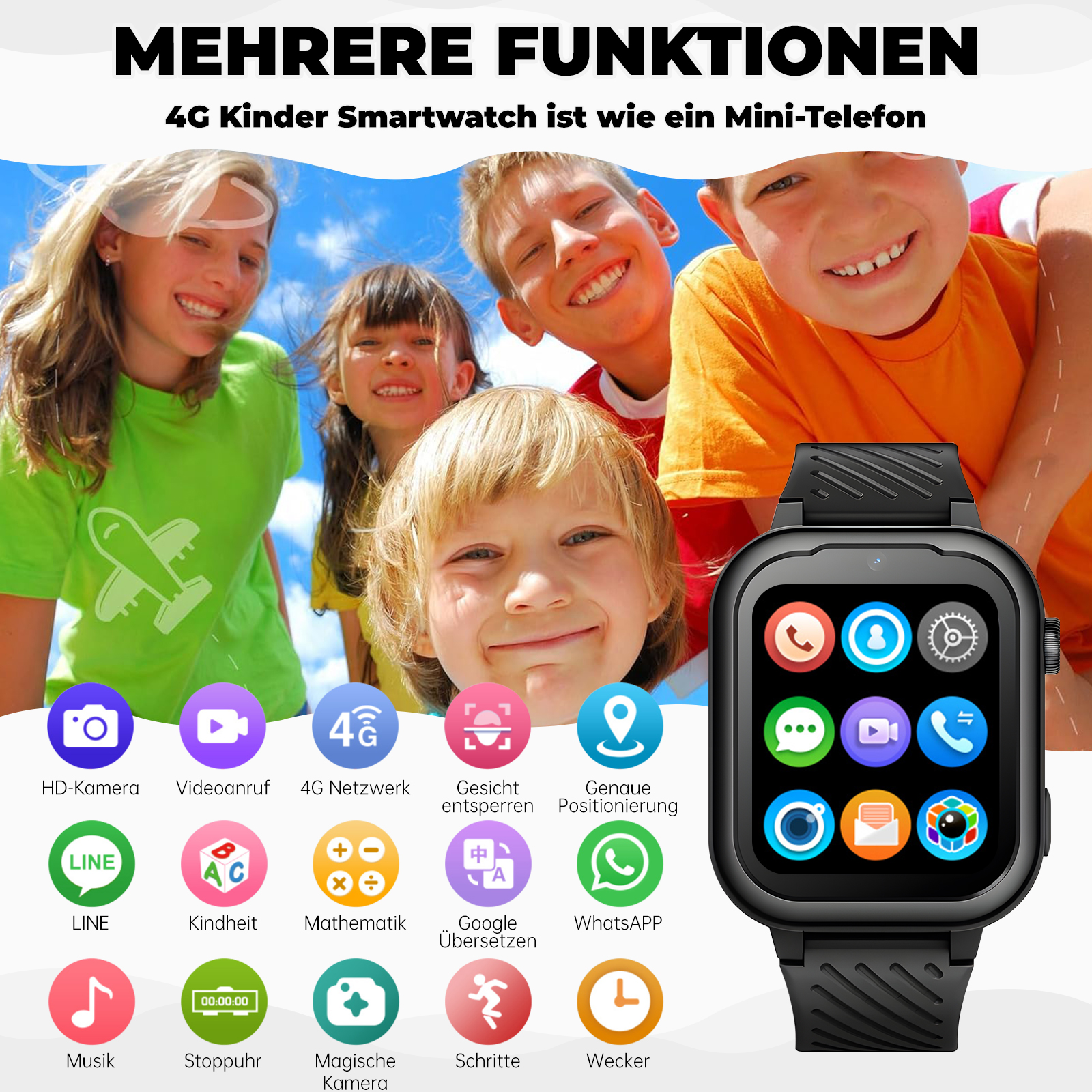 Eine Smartwatch für Kinder mit Symbolen für verschiedene Funktionen, umgeben von lächelnden Kindern.