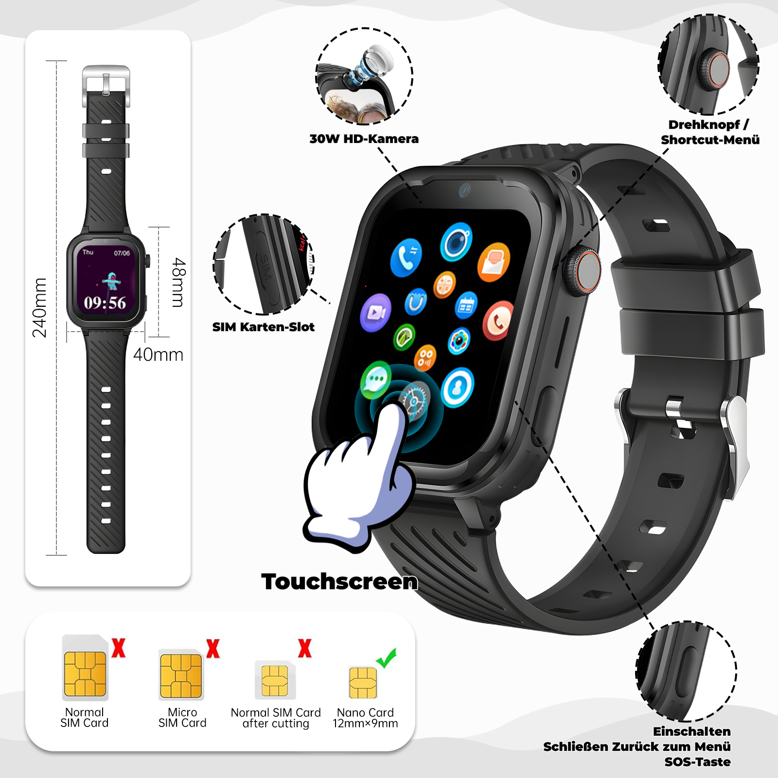 Schwarze Smartwatch mit Uhrzeit und Funktionen, Finger berührt sie.