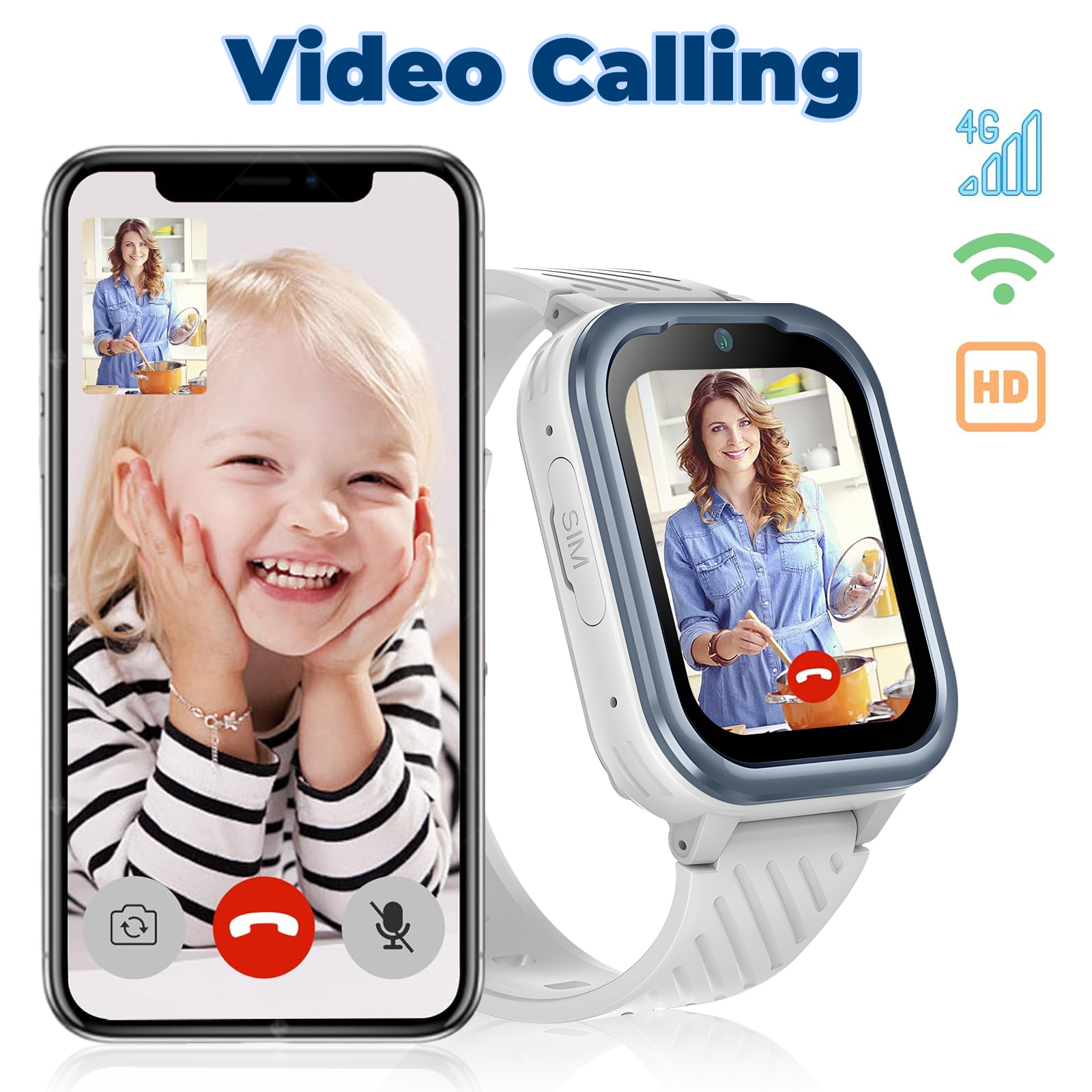 Eine Smartwatch, die einen Videoanruf auf ihrem Bildschirm und einen Telefonbildschirm anzeigt.