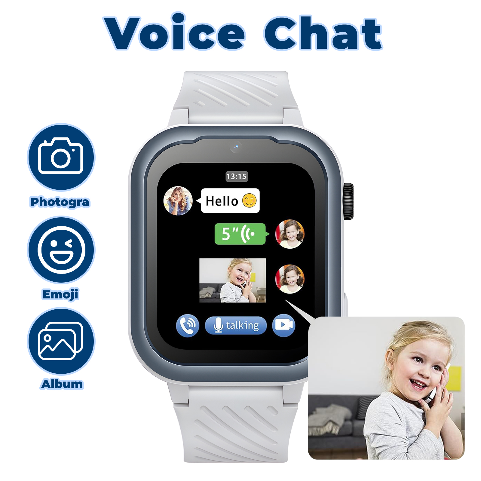 Weiße Smartwatch mit Mädchen, das am Telefon spricht, wird gezeigt.