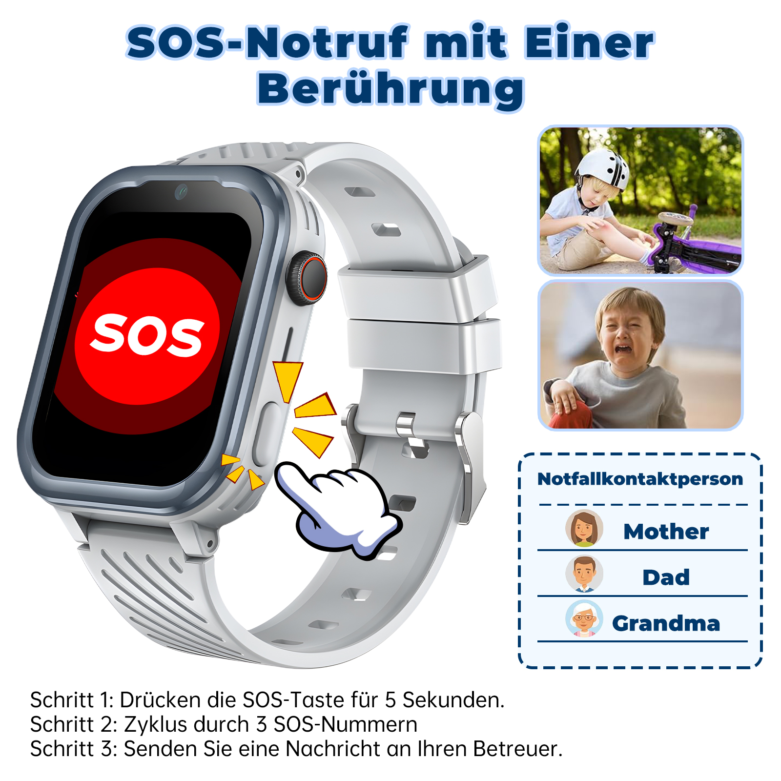 Smartwatch mit SOS-Taste, Notfallkontakten und Anweisungen.