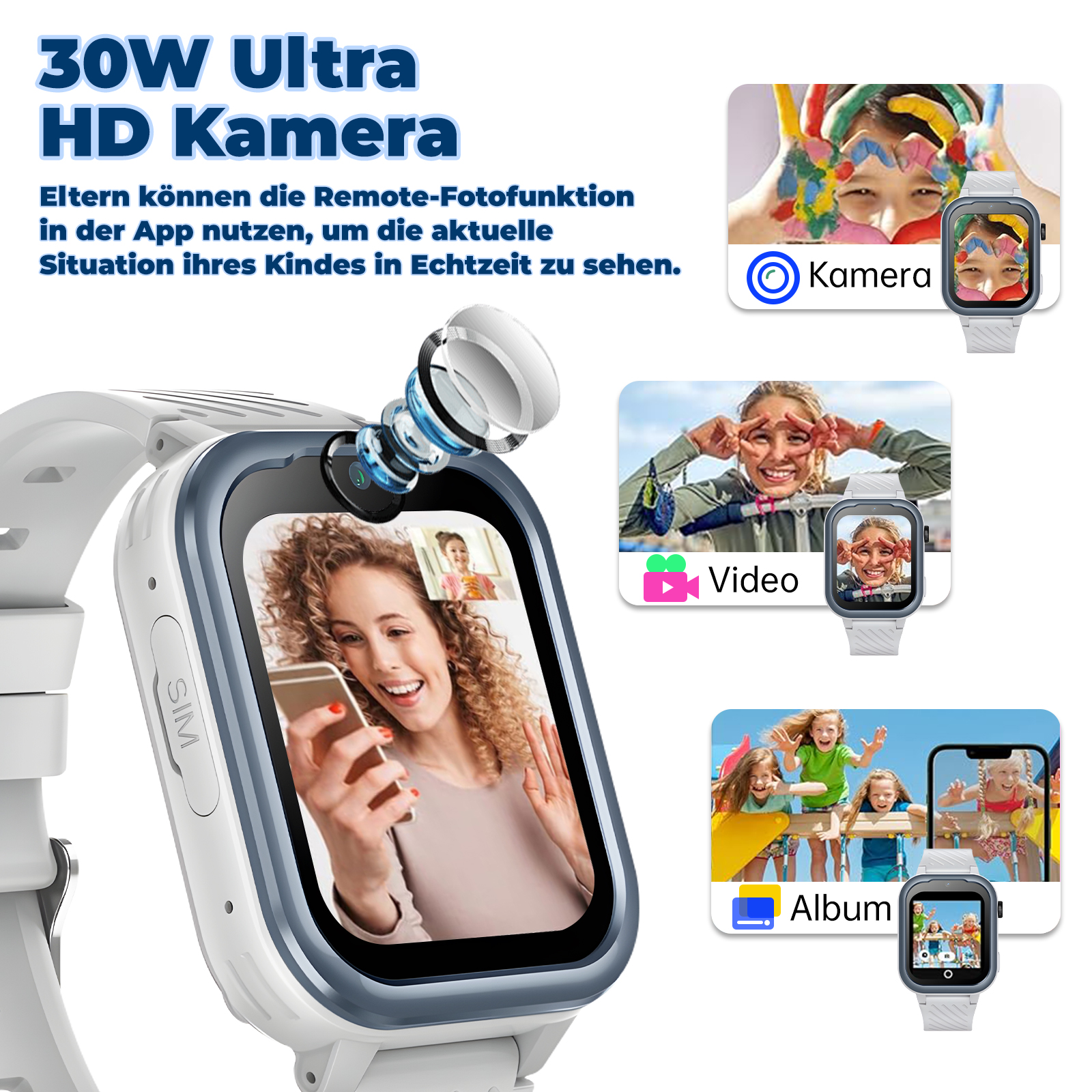 Smartwatch mit Kamera-, Video- und Albumfunktionen, die mehrere Bildschirmbilder zeigen.