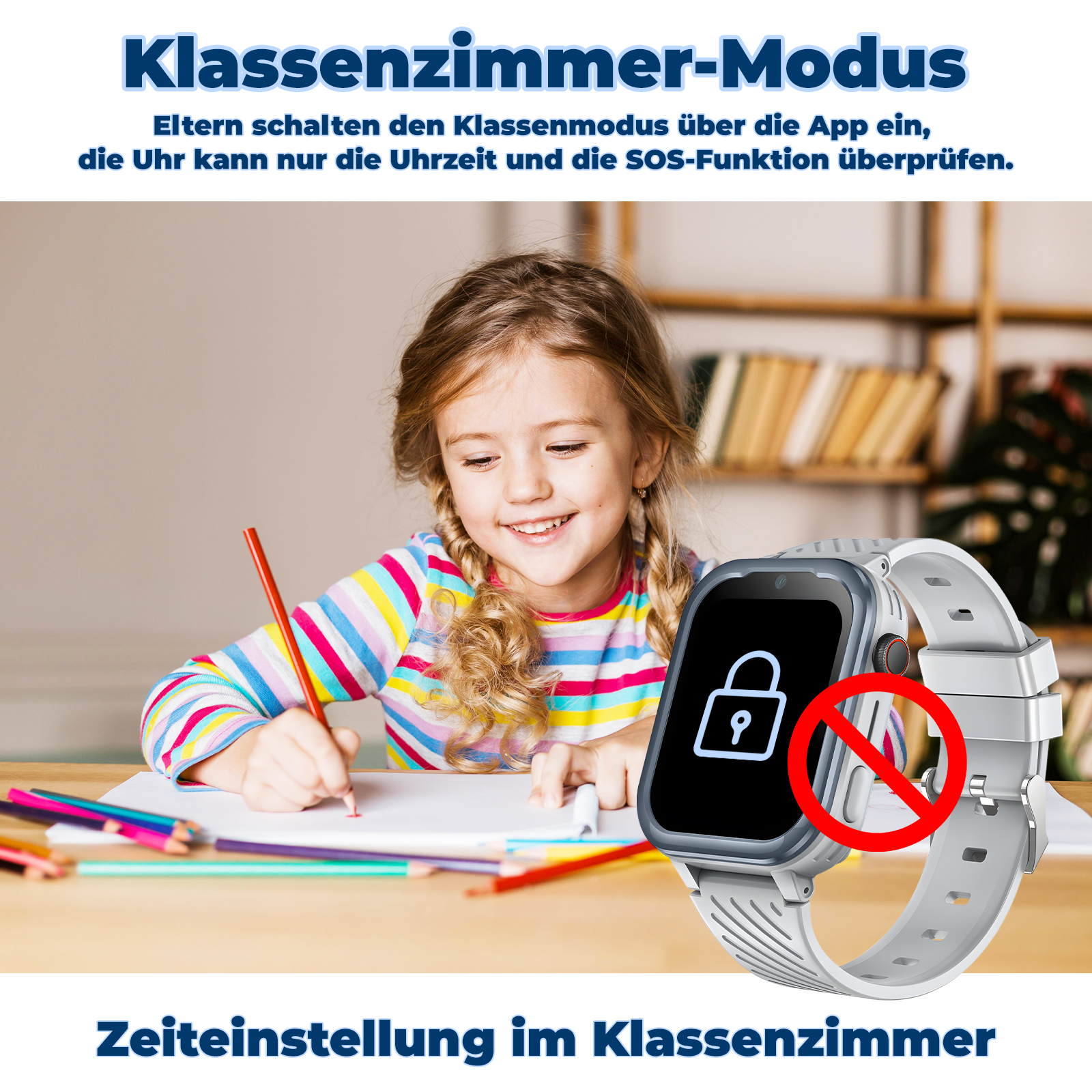 Mädchen schreibt am Schreibtisch, trägt Smartwatch mit Schlosssymbol, Text auf Deutsch.