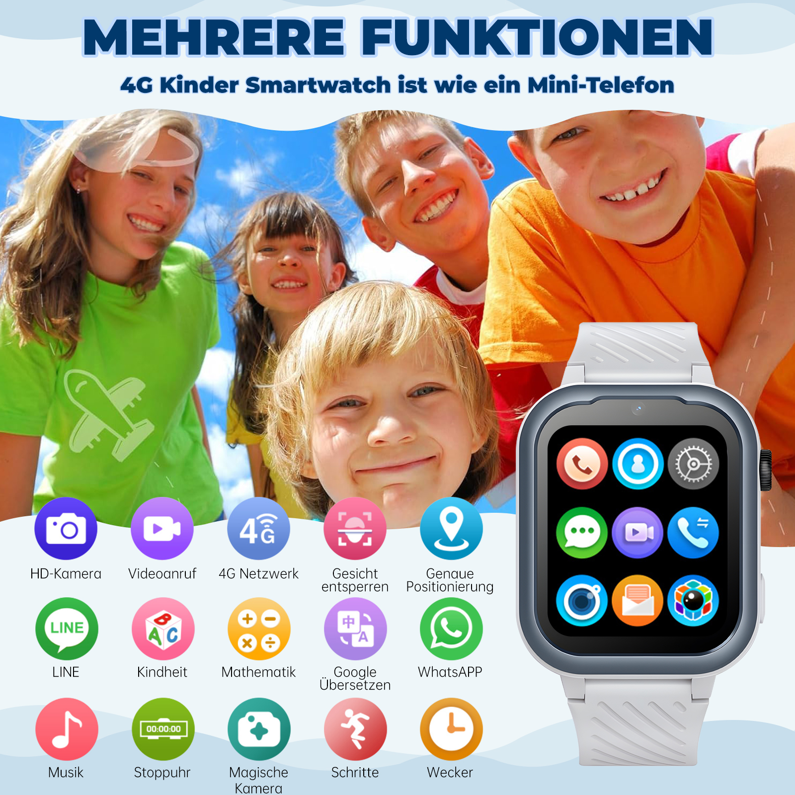 Kinder und Smartwatch mit mehreren Symbolen. Text: Mehrere Funktionen. 4G Smartwatch ist wie ein Mini-Telefon.