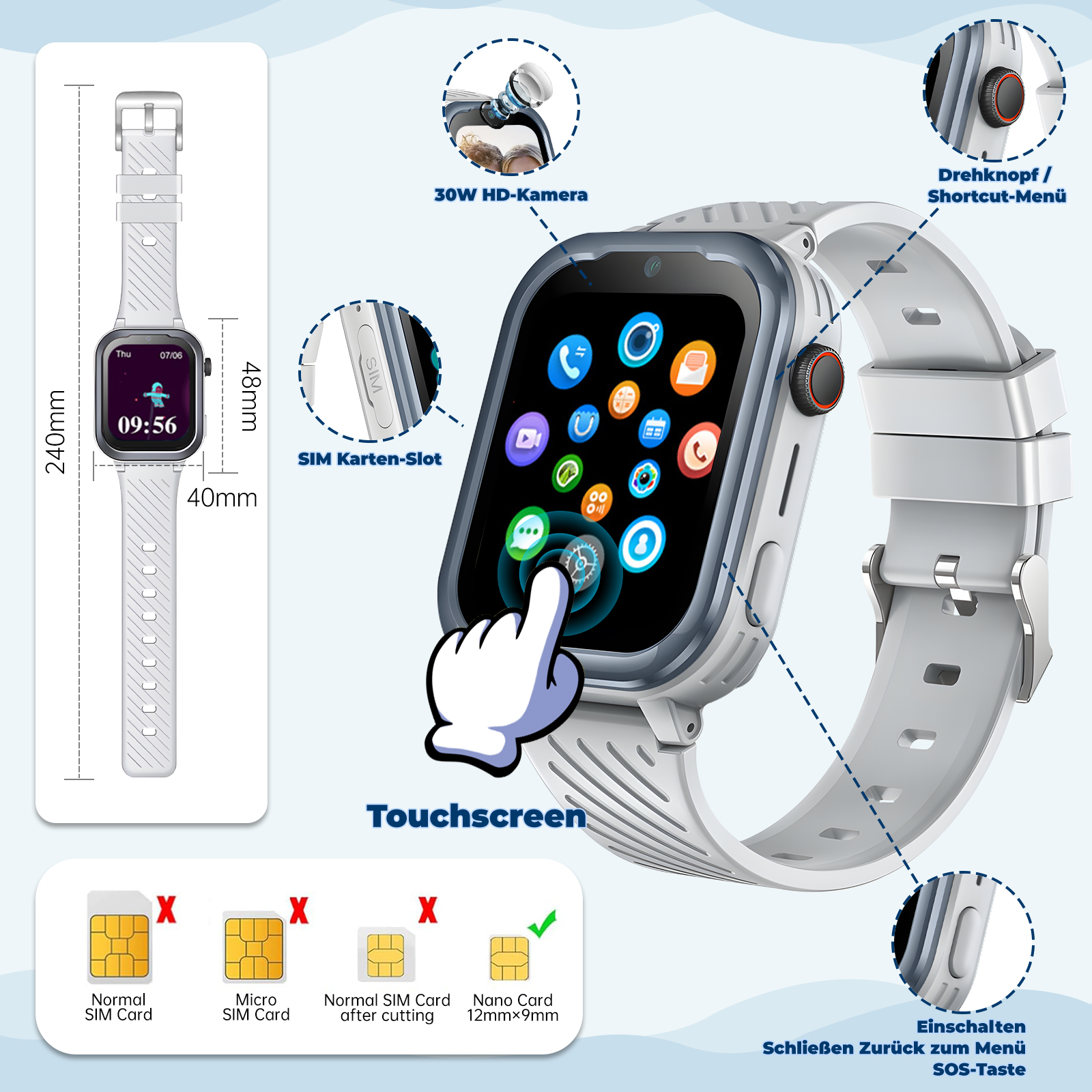 Smartwatch mit Touchscreen, weißes Armband. Das Bild zeigt verschiedene Funktionen, einschließlich Kamera, SOS und SIM-Kartensteckplatz.