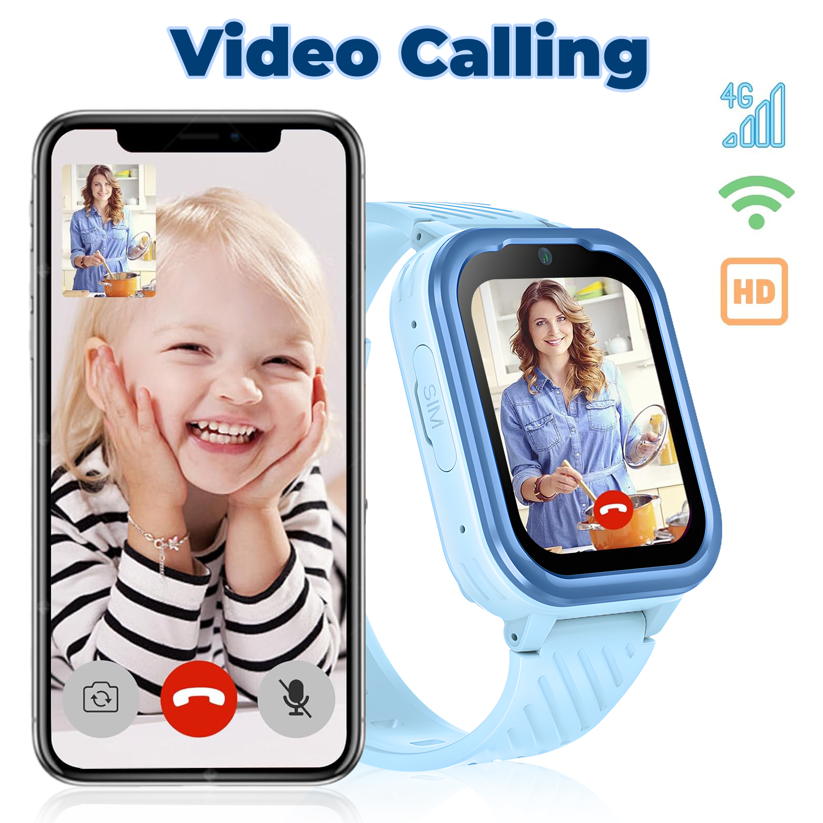 Eine Smartwatch mit Videoanruf auf dem Bildschirm. Eine Frau telefoniert. Das Telefon zeigt dieselbe Frau.