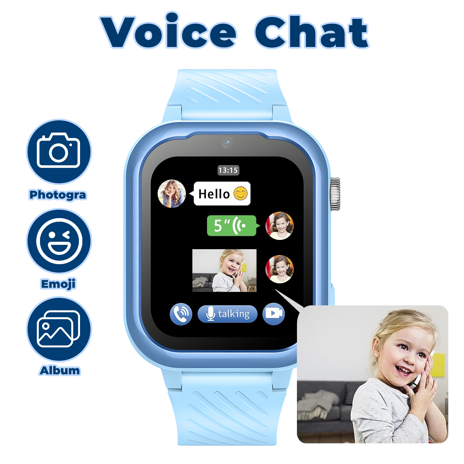 Eine blaue Smartwatch mit einem Bildschirm, der einen Videoanruf zeigt. Symbole für Kamera, Emoji und Album werden angezeigt.