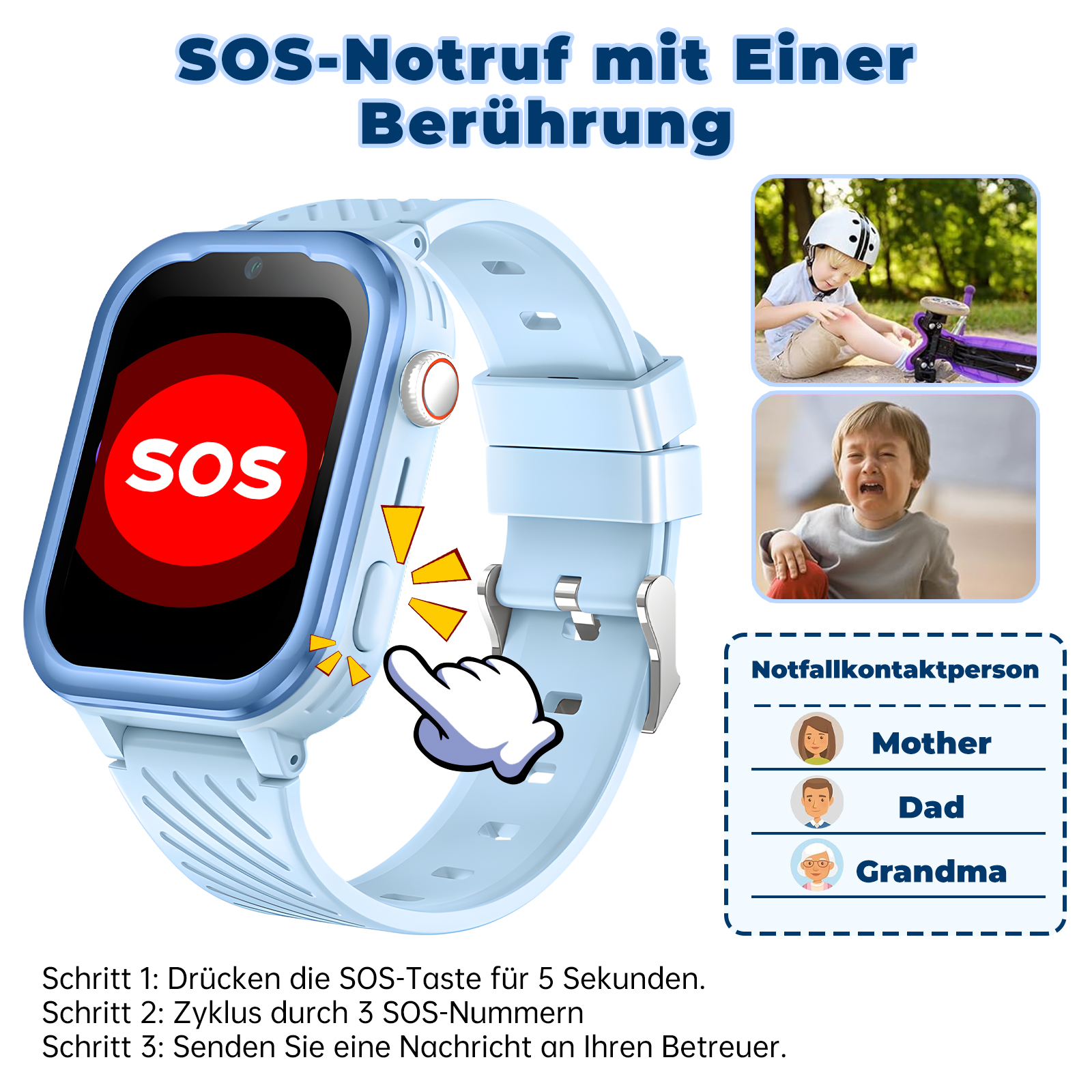 Blaue Smartwatch mit SOS-Taste und zugehörigen Bildern. Enthält Diagramm mit Notfallkontaktdaten.