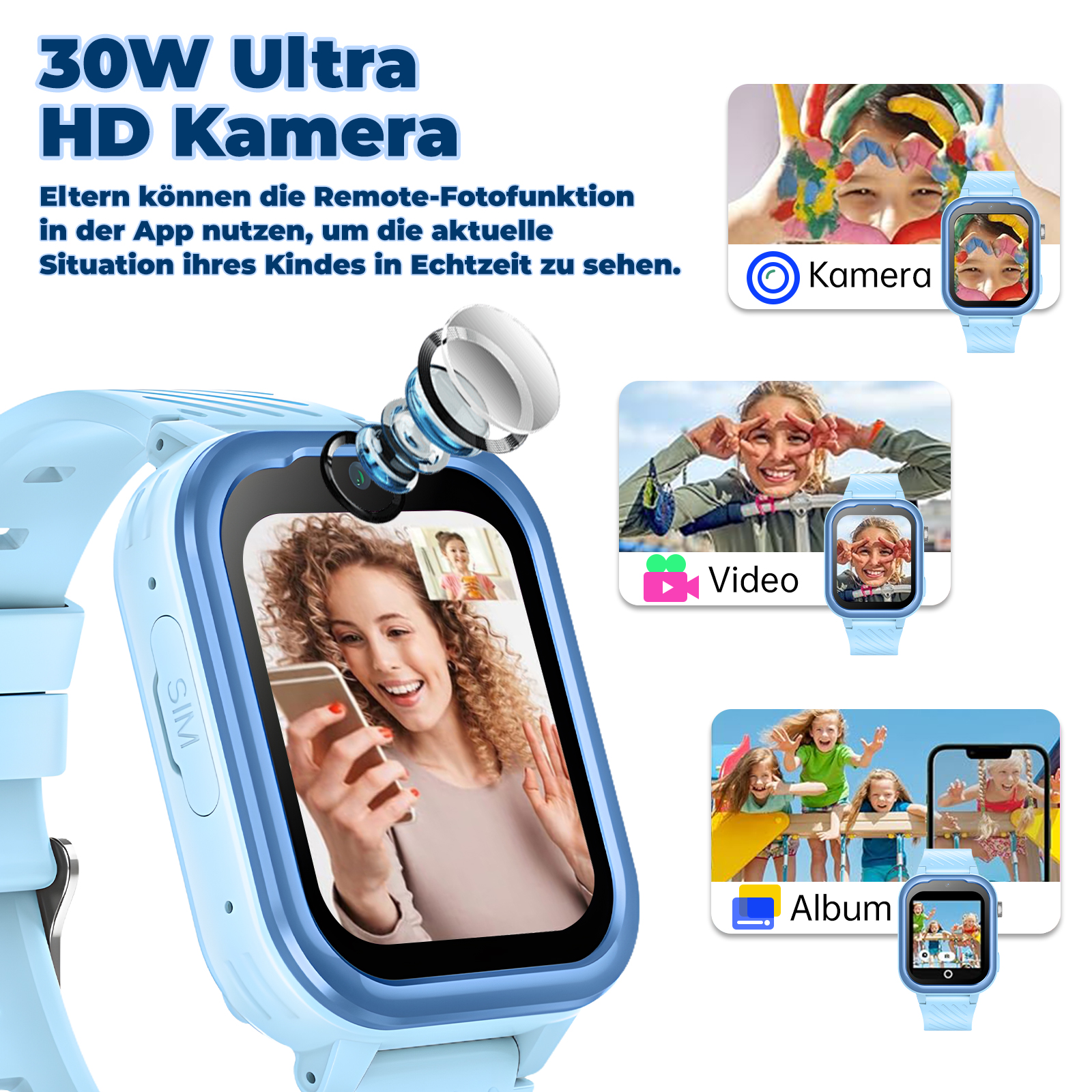 Eine Smartwatch mit mehreren Bildschirmansichten, die Videoanrufe, Fotos und Videoaufnahmen zeigt.