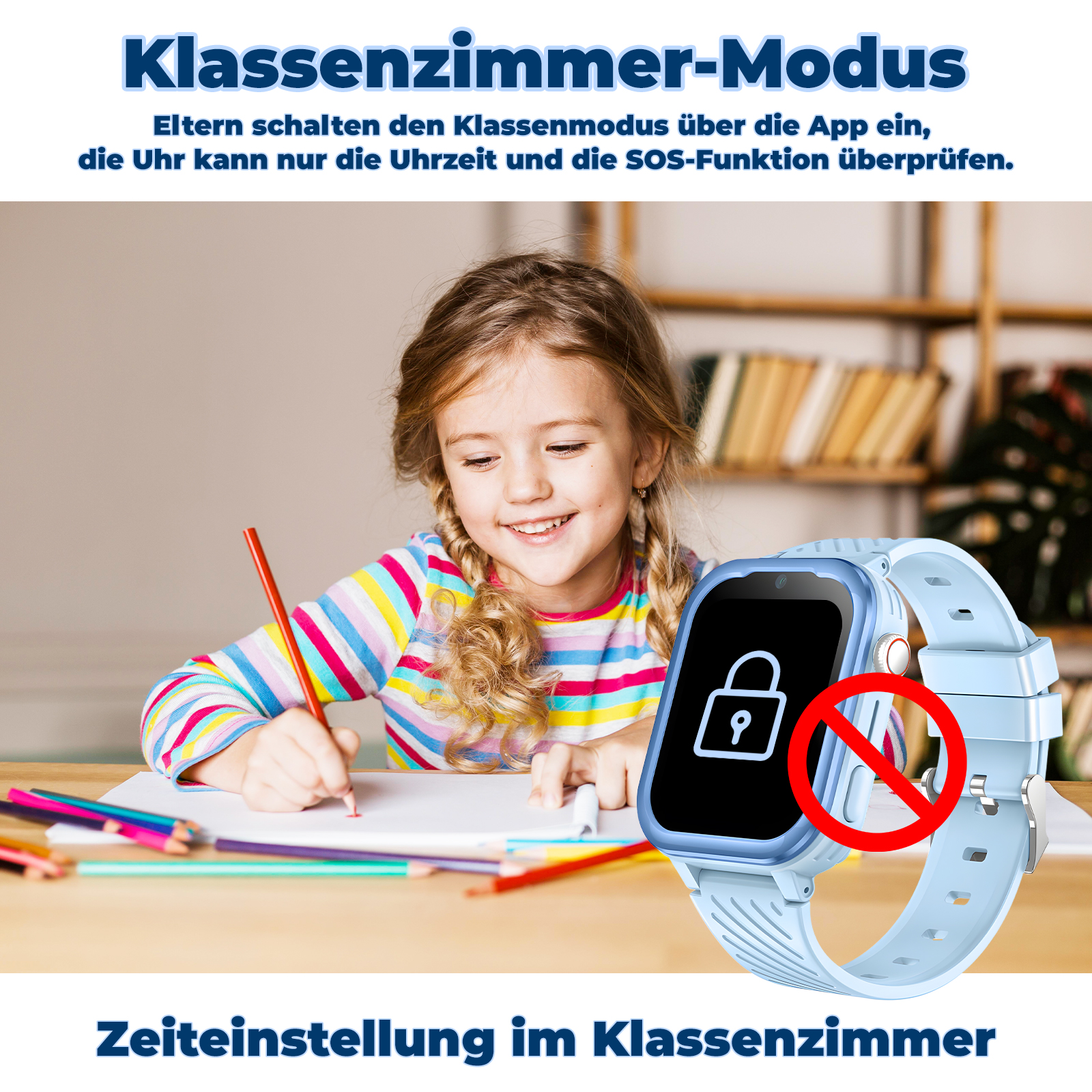 Ein Mädchen schreibt. Eine Smartwatch an ihrem Handgelenk zeigt ein Schloss-Symbol mit einem roten Verbotsschild.