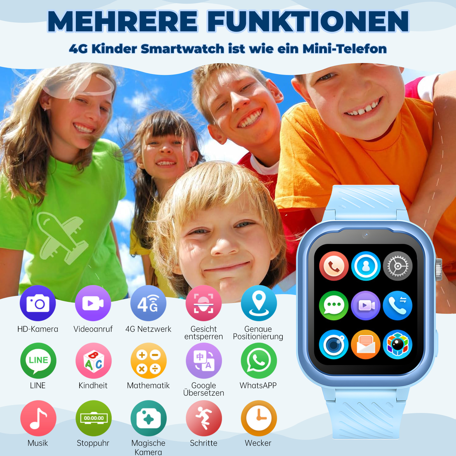 Eine Gruppe von Kindern mit einer blauen Smartwatch und Symbolen, die Funktionen wie Kamera, Videoanruf und 4G-Netzwerk darstellen.