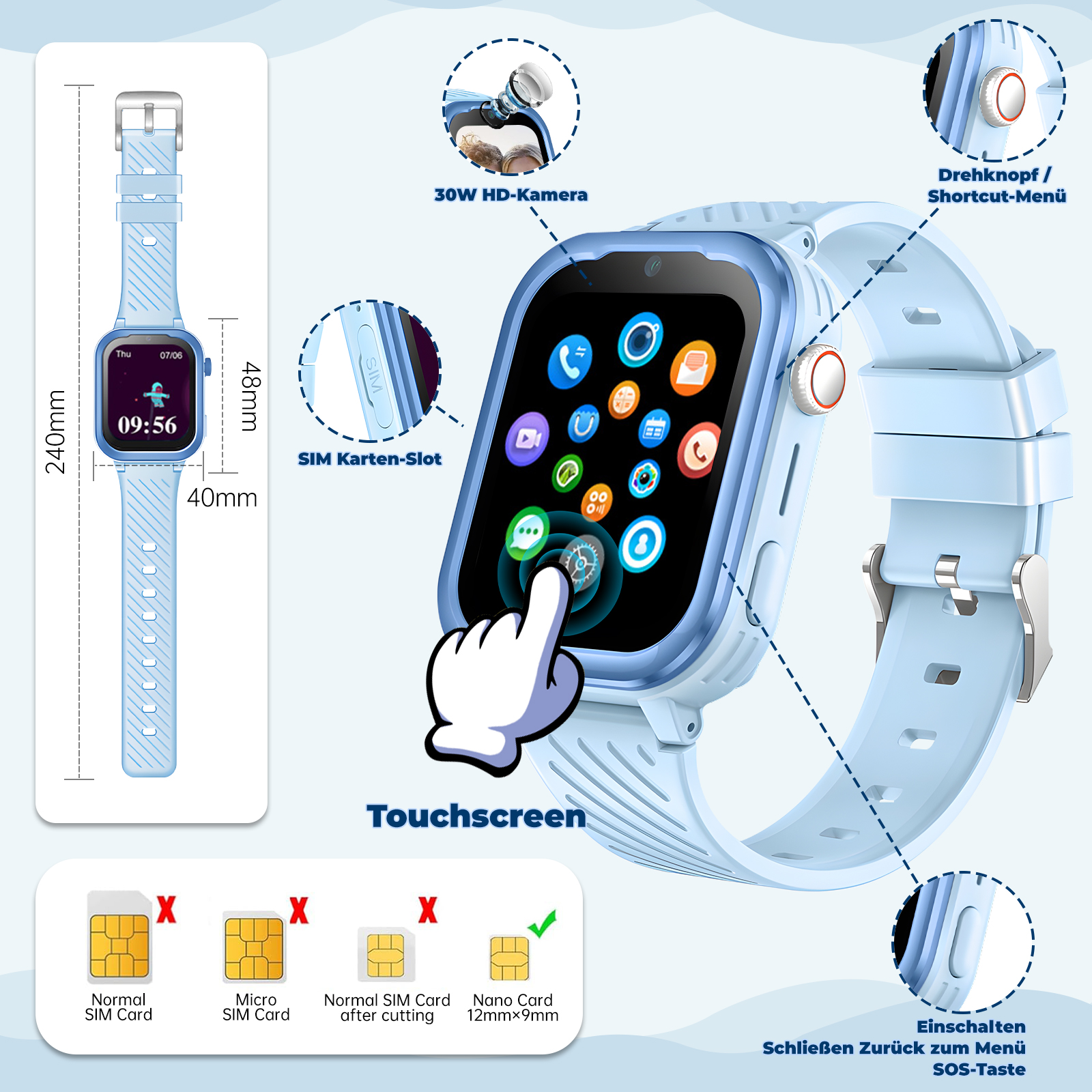 Eine blaue Smartwatch mit Touchscreen. SIM-Karte und andere Funktionen sind beschriftet.