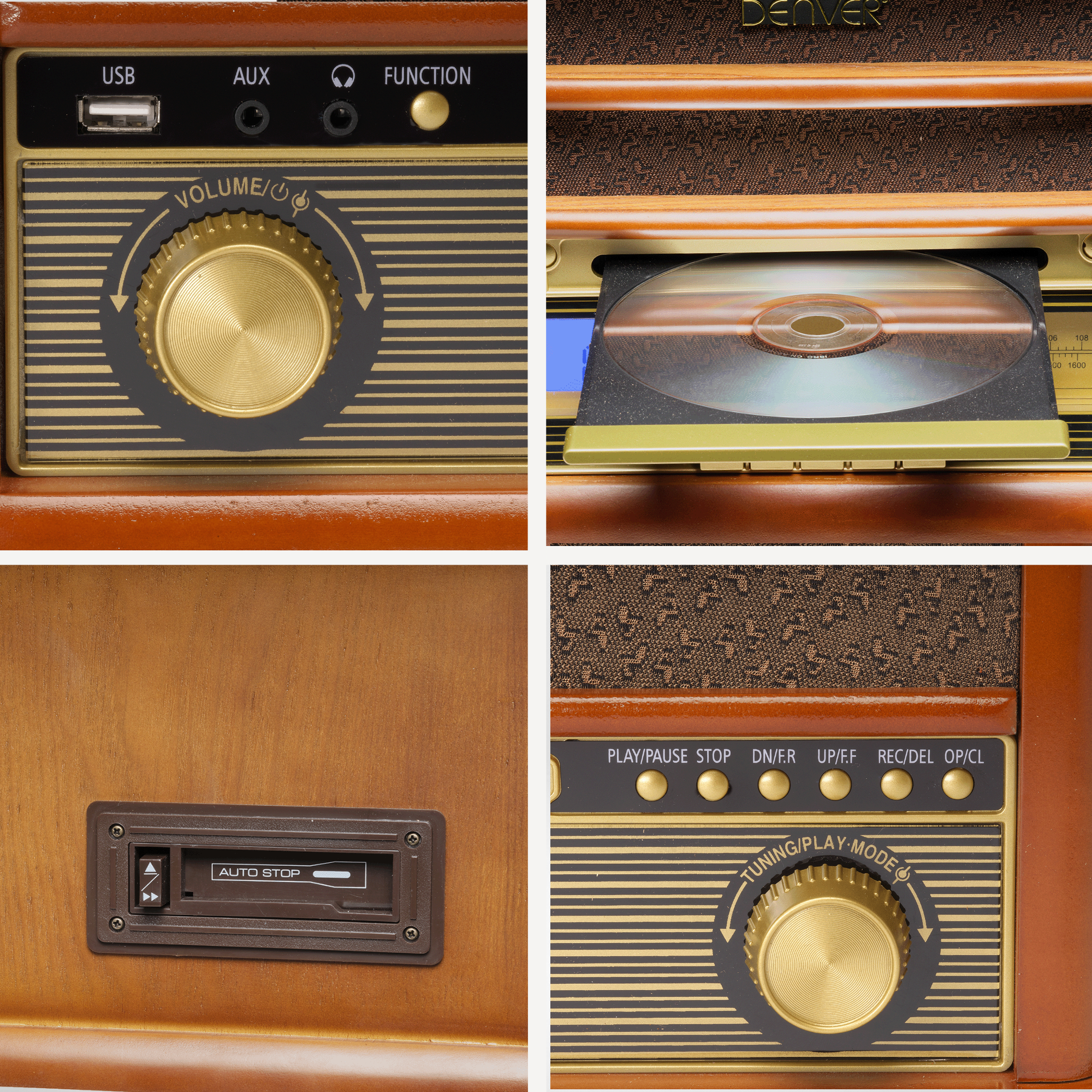 Close-up van een houten radio met gouden details. Meerdere weergaven tonen functies.