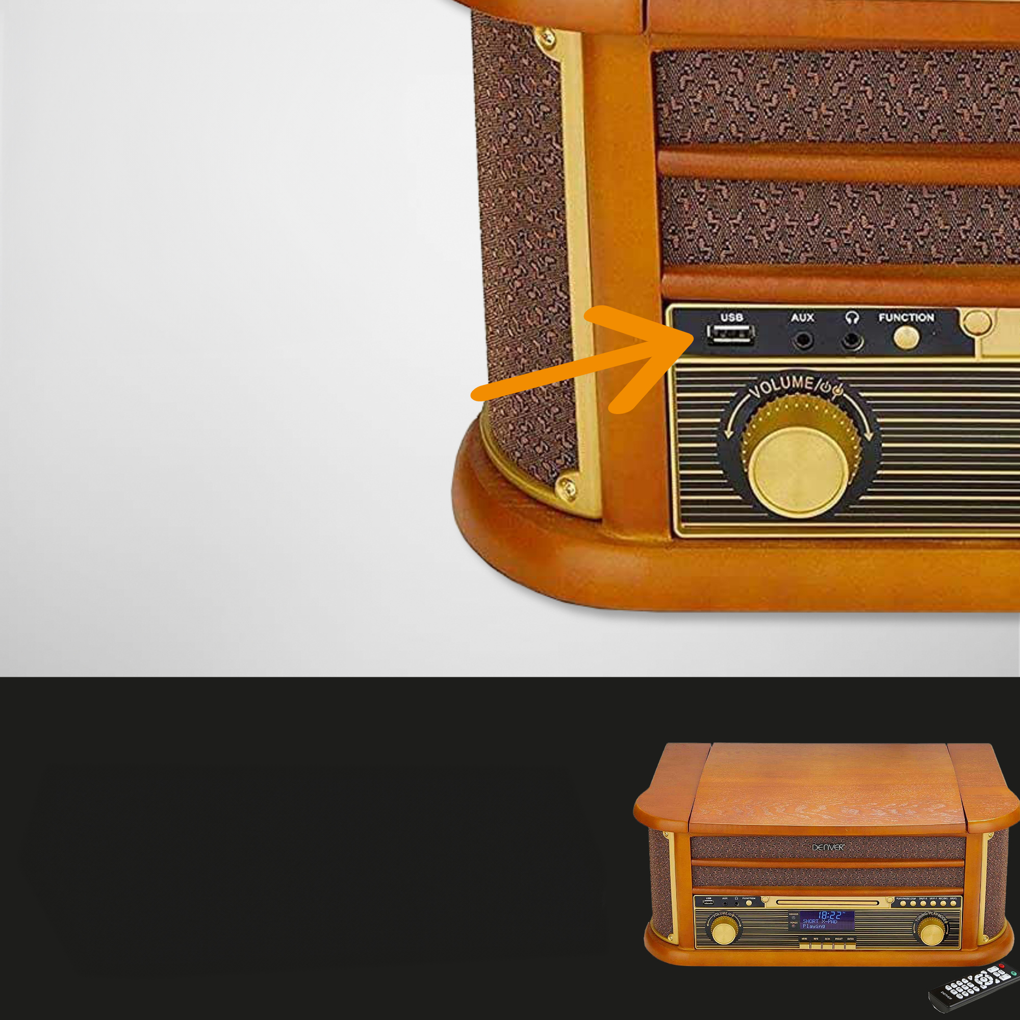 Een houten radio in retrostijl met een USB-poort aan de zijkant en een afstandsbediening.