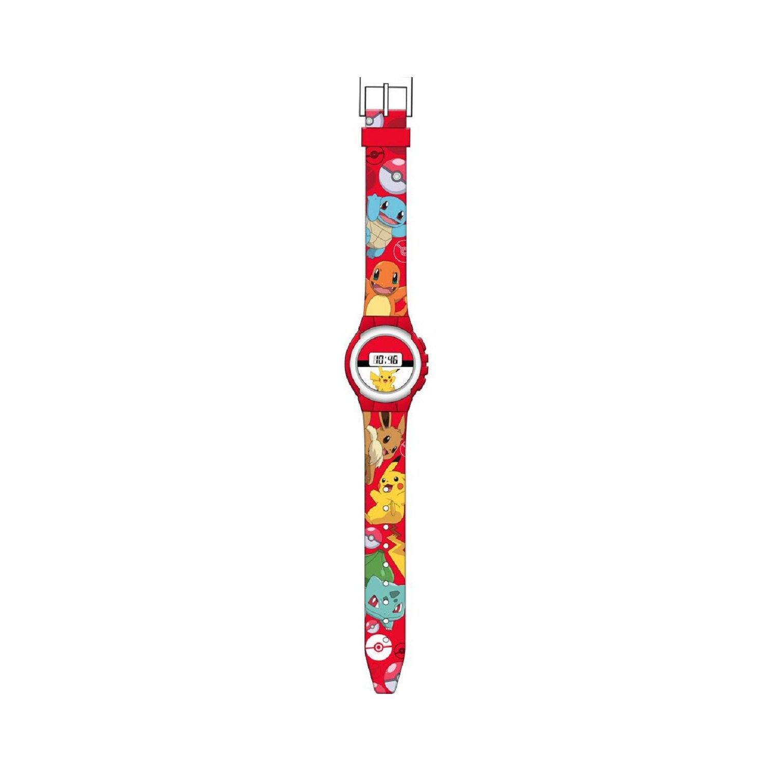 Rote Pokemon-Uhr mit vielen Charakteren. Die Uhr zeigt die Zeit 10:46 an.