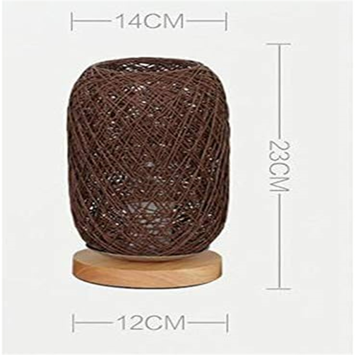 Braune gewebte Lampe mit Holzsockel, Maße: 14x23x12 cm.