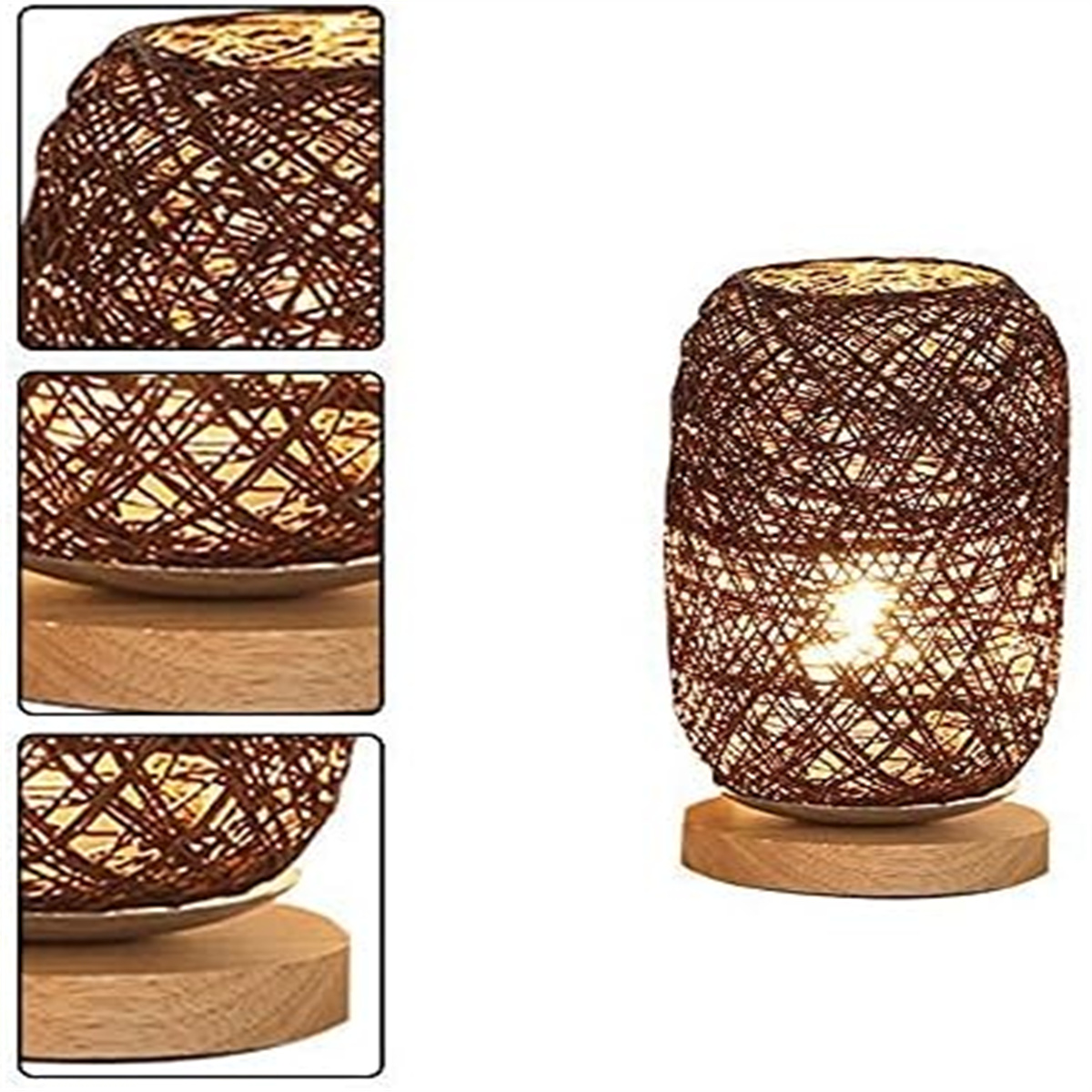 Eine braune, gewebte Lampe auf einem Holzsockel, mit Nahaufnahmen.