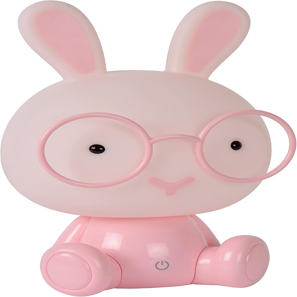 Eine rosa Hasenlampe mit Brille, sitzend. Es hat einen Power-Knopf auf seiner Basis.