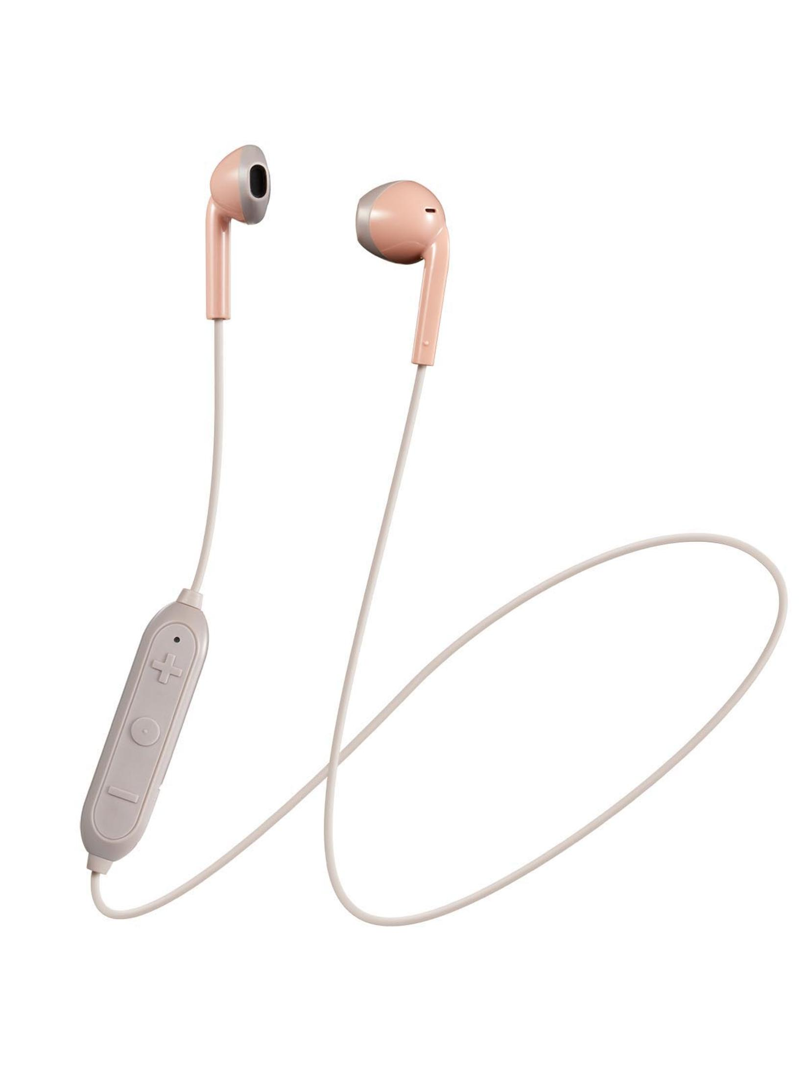 Auricolari rosa e bianchi con telecomando e filo di collegamento, su bianco.