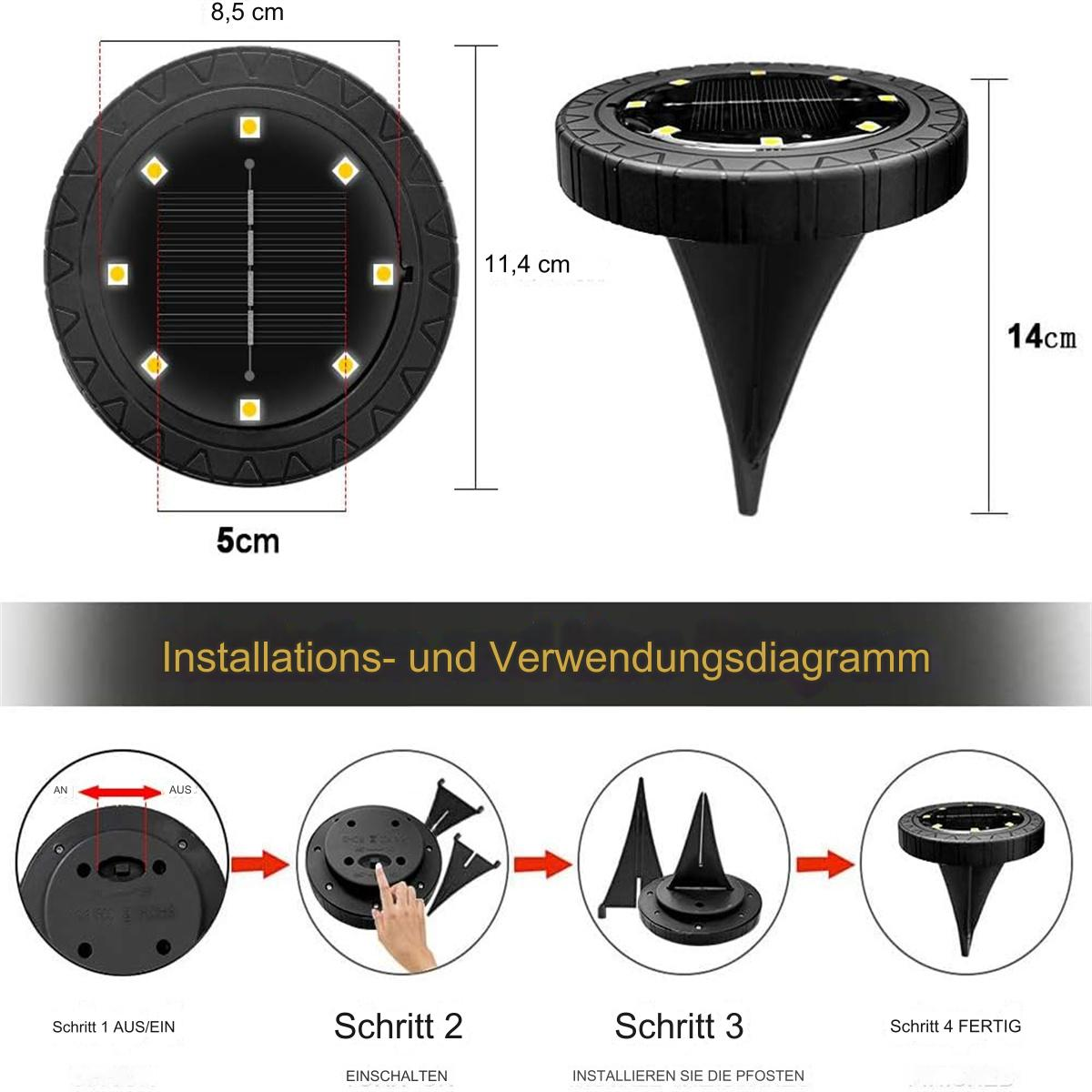 Diagramm von Solar-Gartenleuchten und Installationsschritten, Maße gezeigt. Schwarz und weiß.