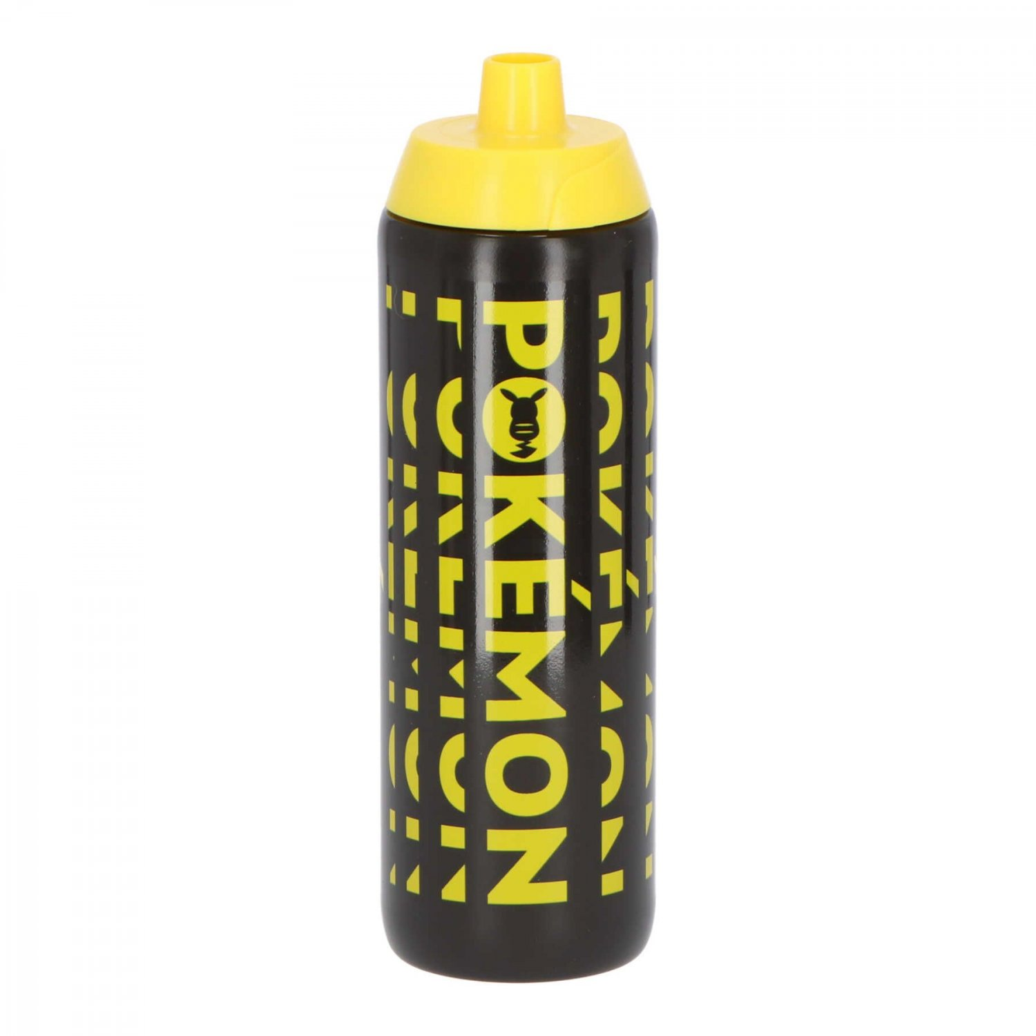 Borraccia Pokémon nera con testo giallo e tappo giallo.