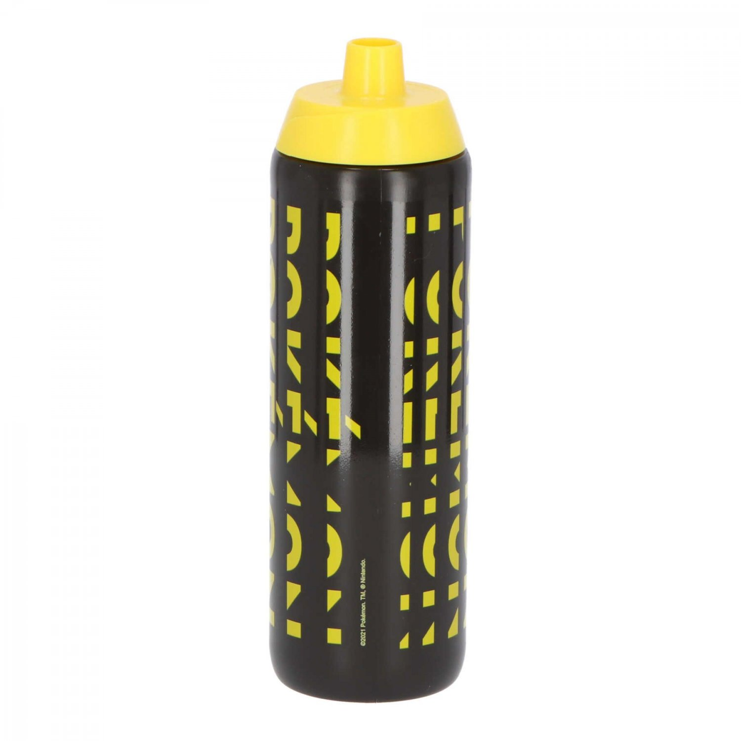 Borraccia nera e gialla con un design, tappo giallo e corpo nero.