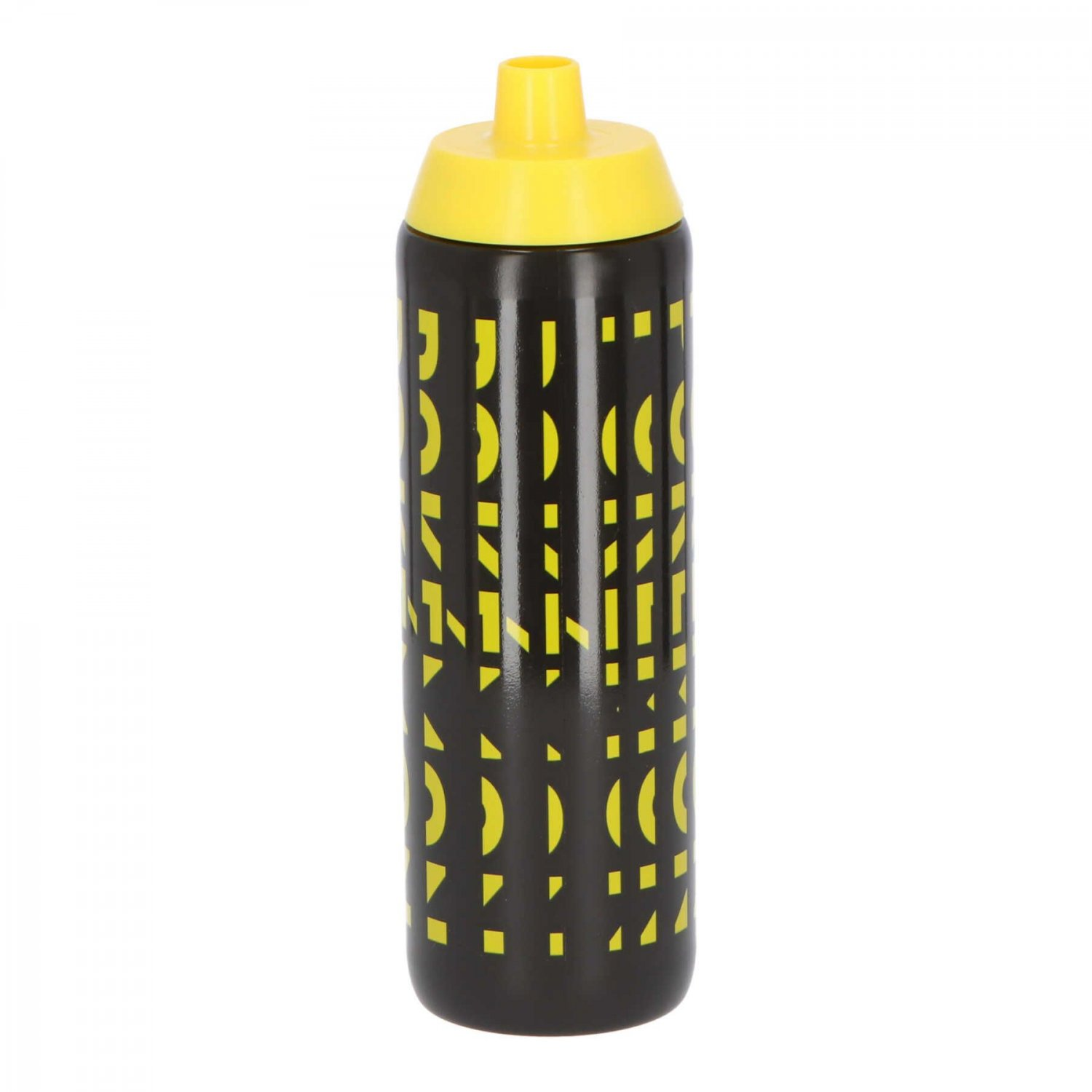 Borraccia nera e gialla con tappo giallo. La bottiglia ha un motivo geometrico.